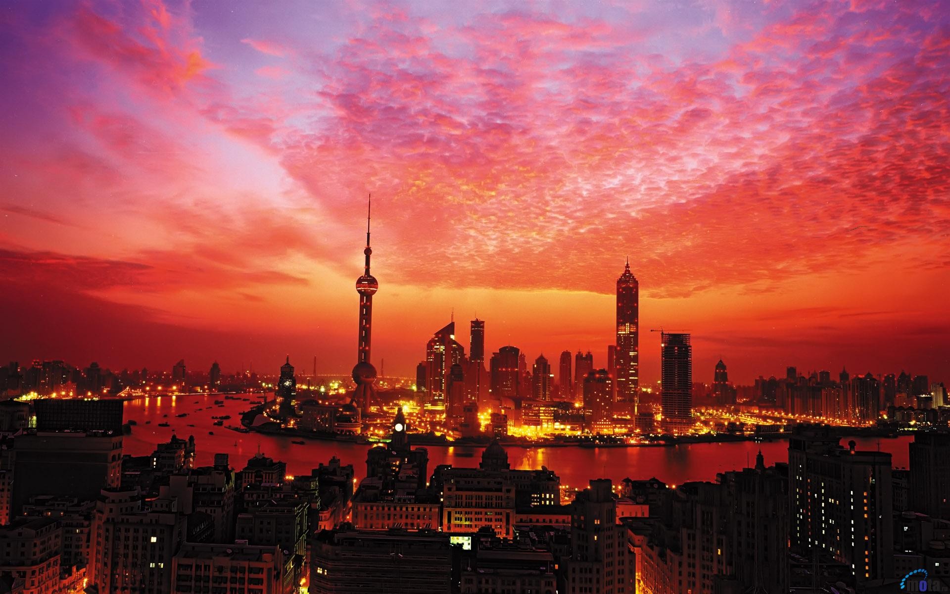 General 1920x1200 city town Shanghai sunset skyscraper sky Asia China lights Oriental Pearl TV Tower