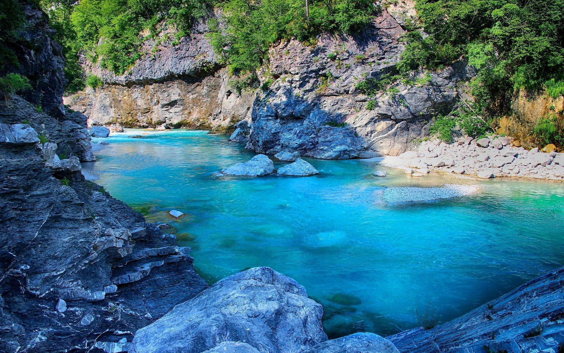 General 1920x1200 nature landscape river shrubs rocks Slovenia turquoise water