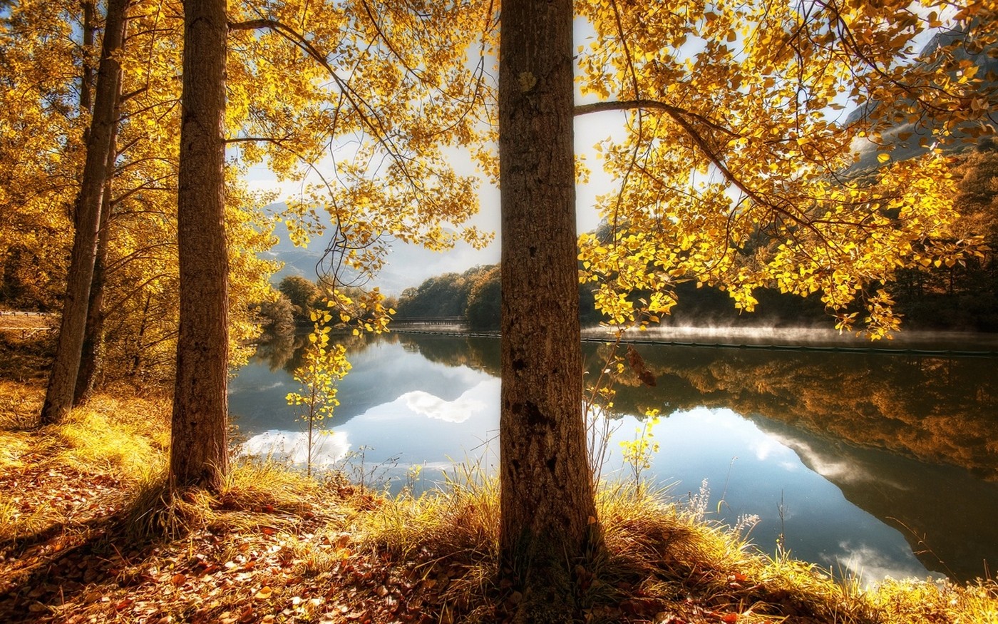 General 1400x875 nature landscape fall river leaves hills trees reflection yellow grass water