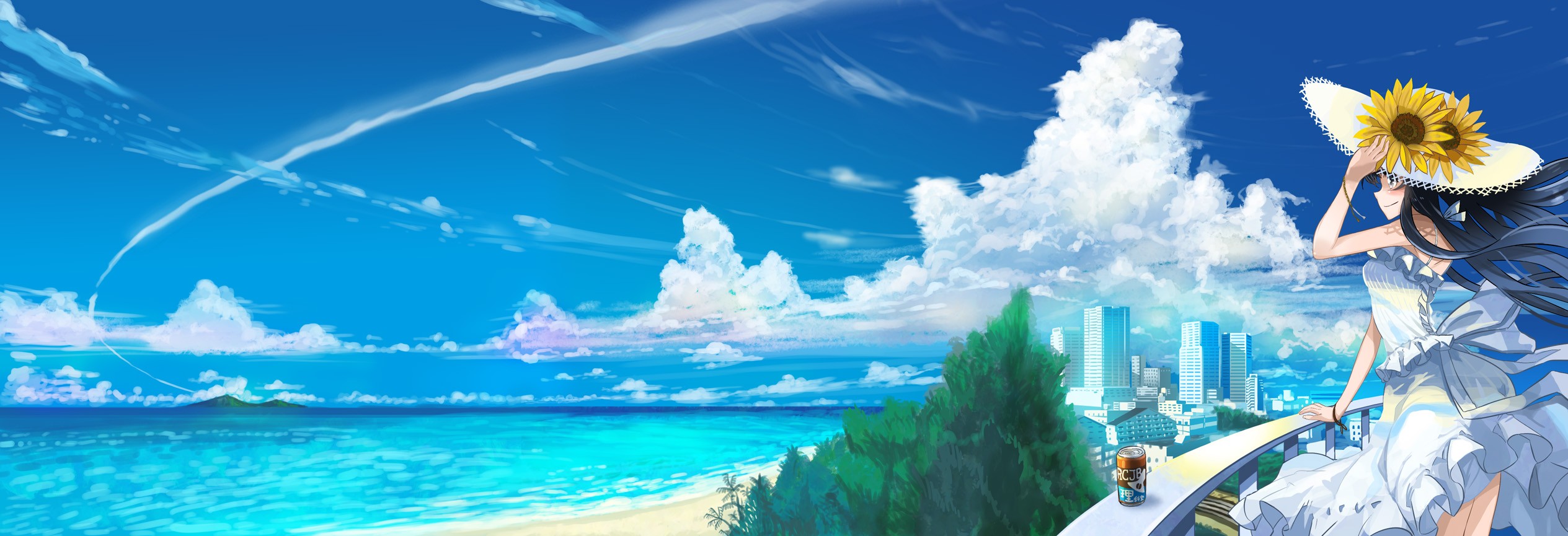 Anime 2529x865 anime anime girls original characters sky hat sunflowers clouds women long hair can women with hats flowers plants dress smiling