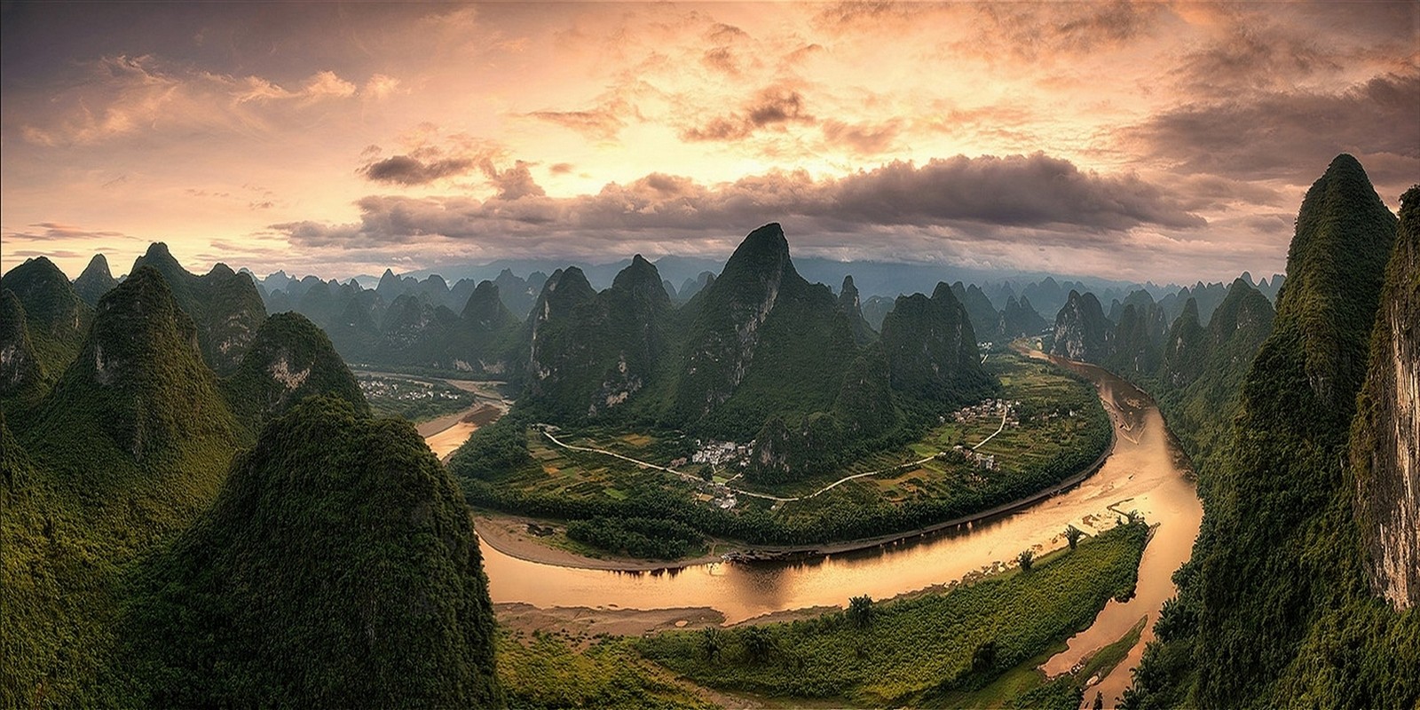 General 1600x800 nature landscape clouds panorama river mountains hills field China Asia village