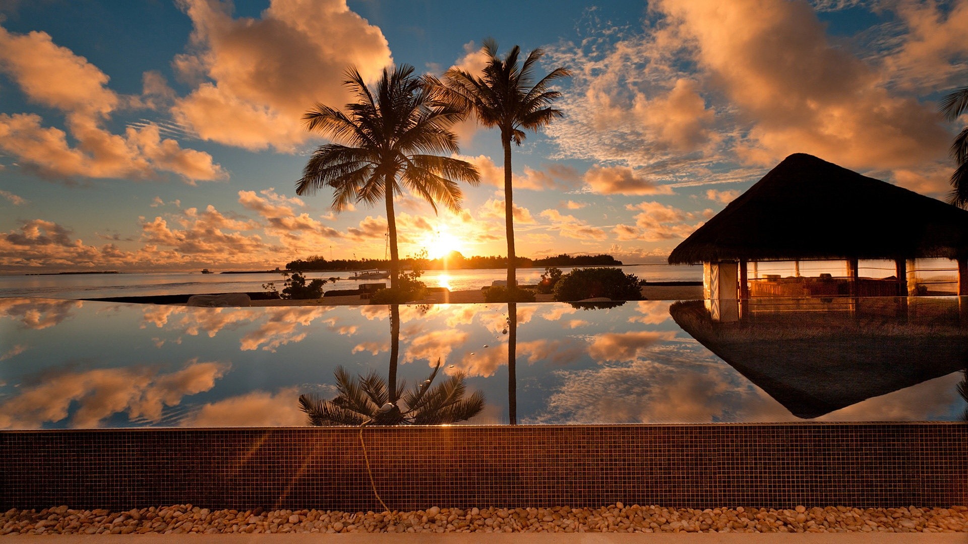 General 1920x1080 dusk water hut swimming pool sunset sky sunlight reflection palm trees