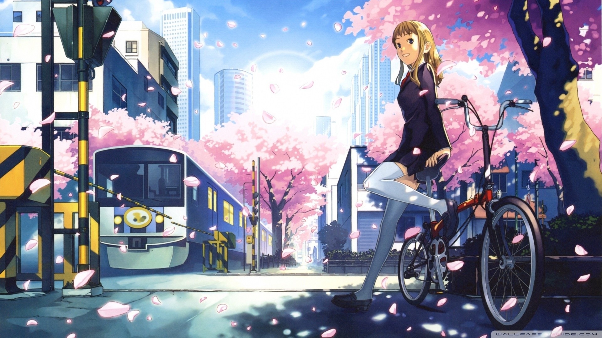 Anime 1920x1080 anime anime girls bicycle original characters cherry blossom thigh-highs city women with bicycles tram stockings smiling blonde women outdoors urban