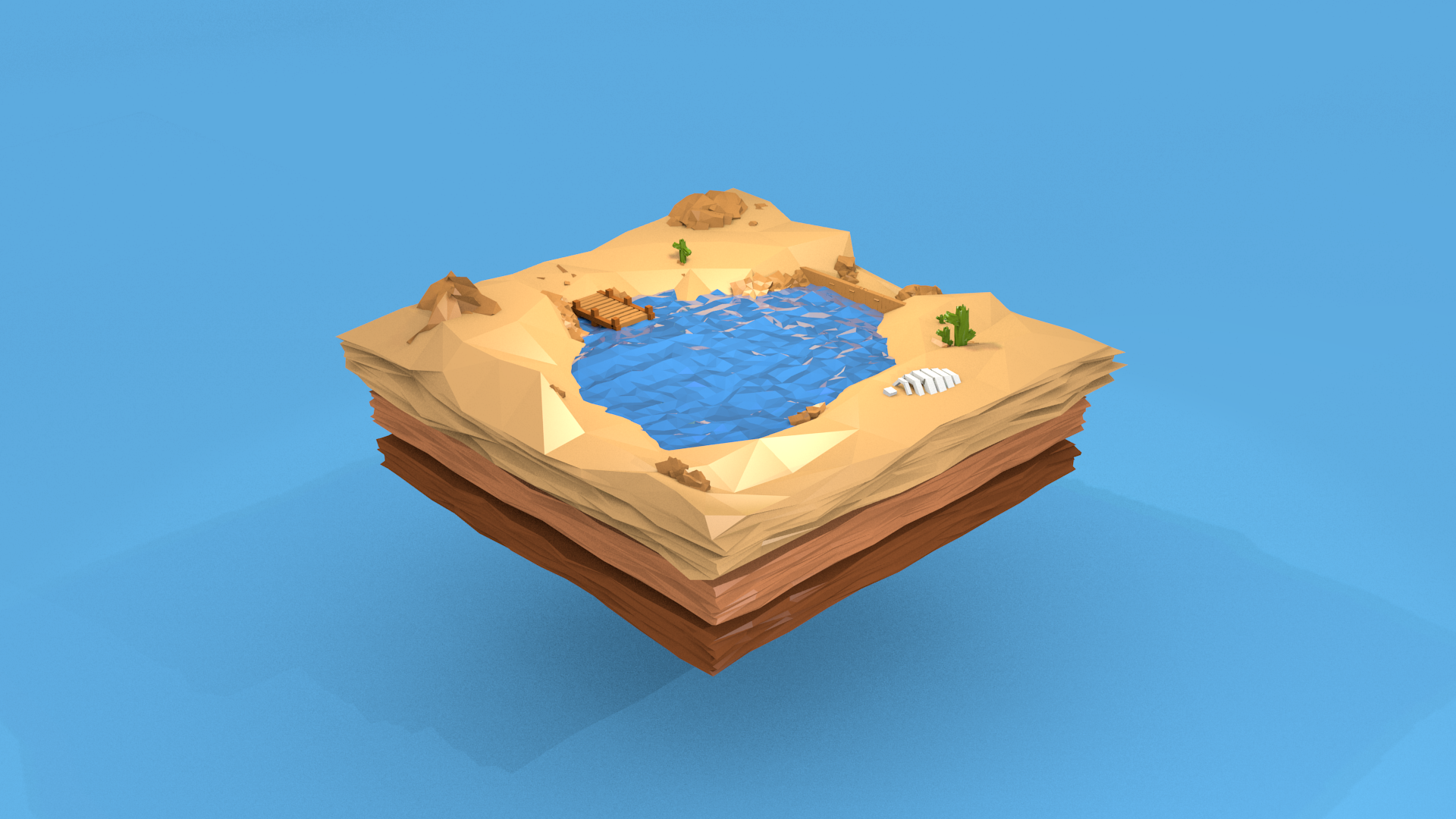 General 1920x1080 floating island oasis skeleton water stones simple background blue background digital art CGI