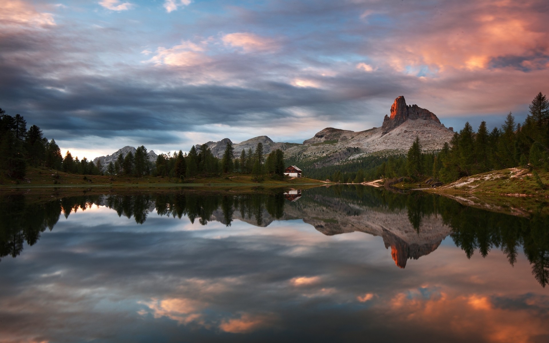 General 1920x1200 nature landscape sunset mountains lake forest cabin clouds summer reflection water