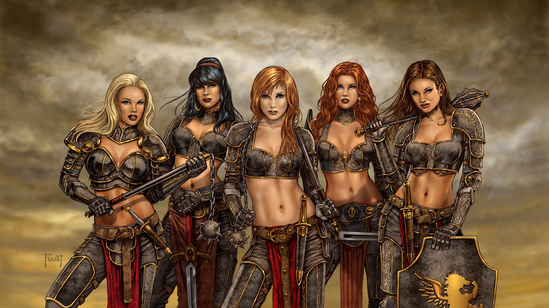 General 1920x1080 artwork fantasy art women warrior fantasy girl group of women blonde black hair brunette redhead belly shield sword standing looking at viewer