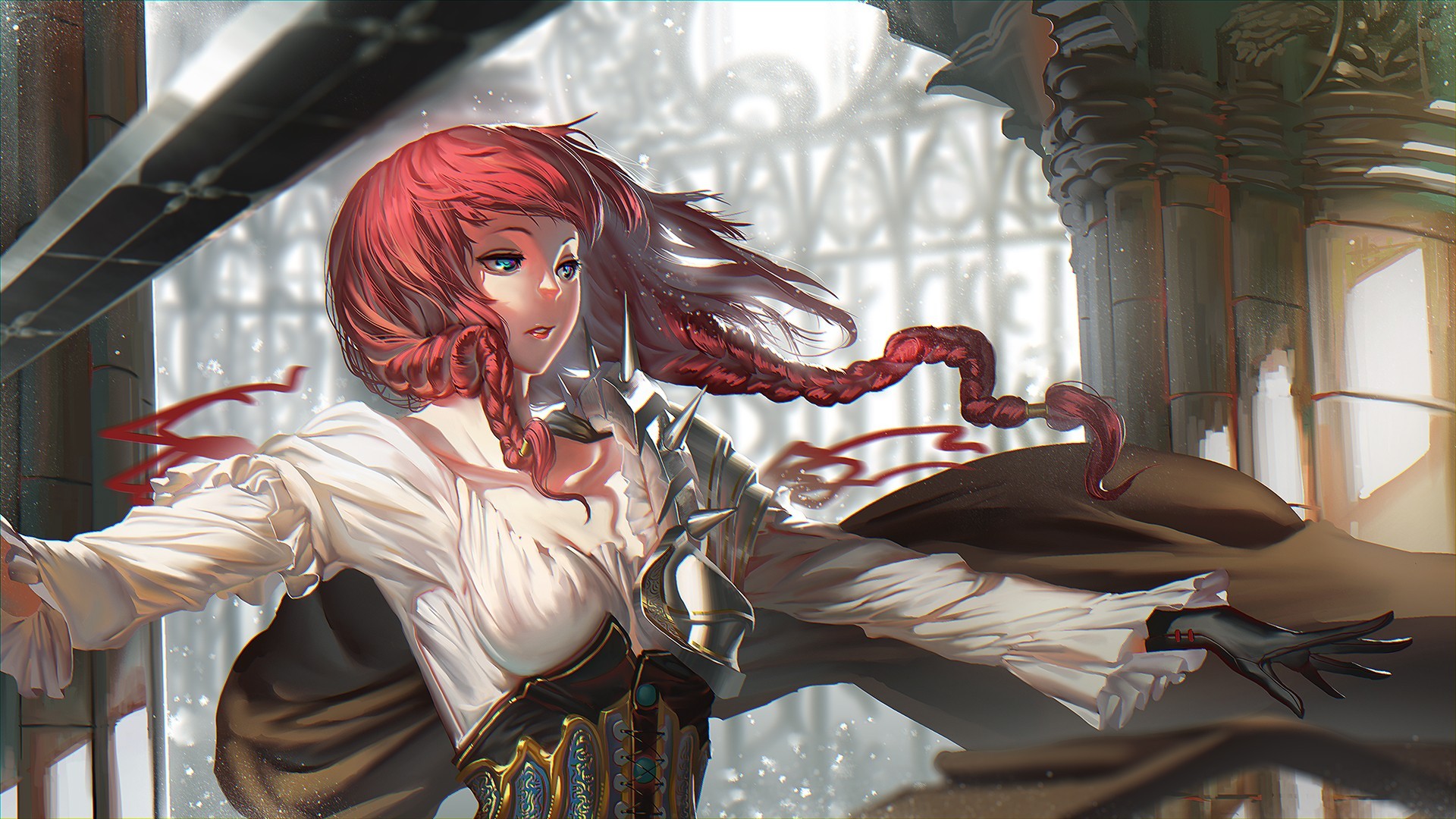 General 1920x1080 sword redhead anime women Pixiv fantasy art fantasy girl long hair women with swords weapon