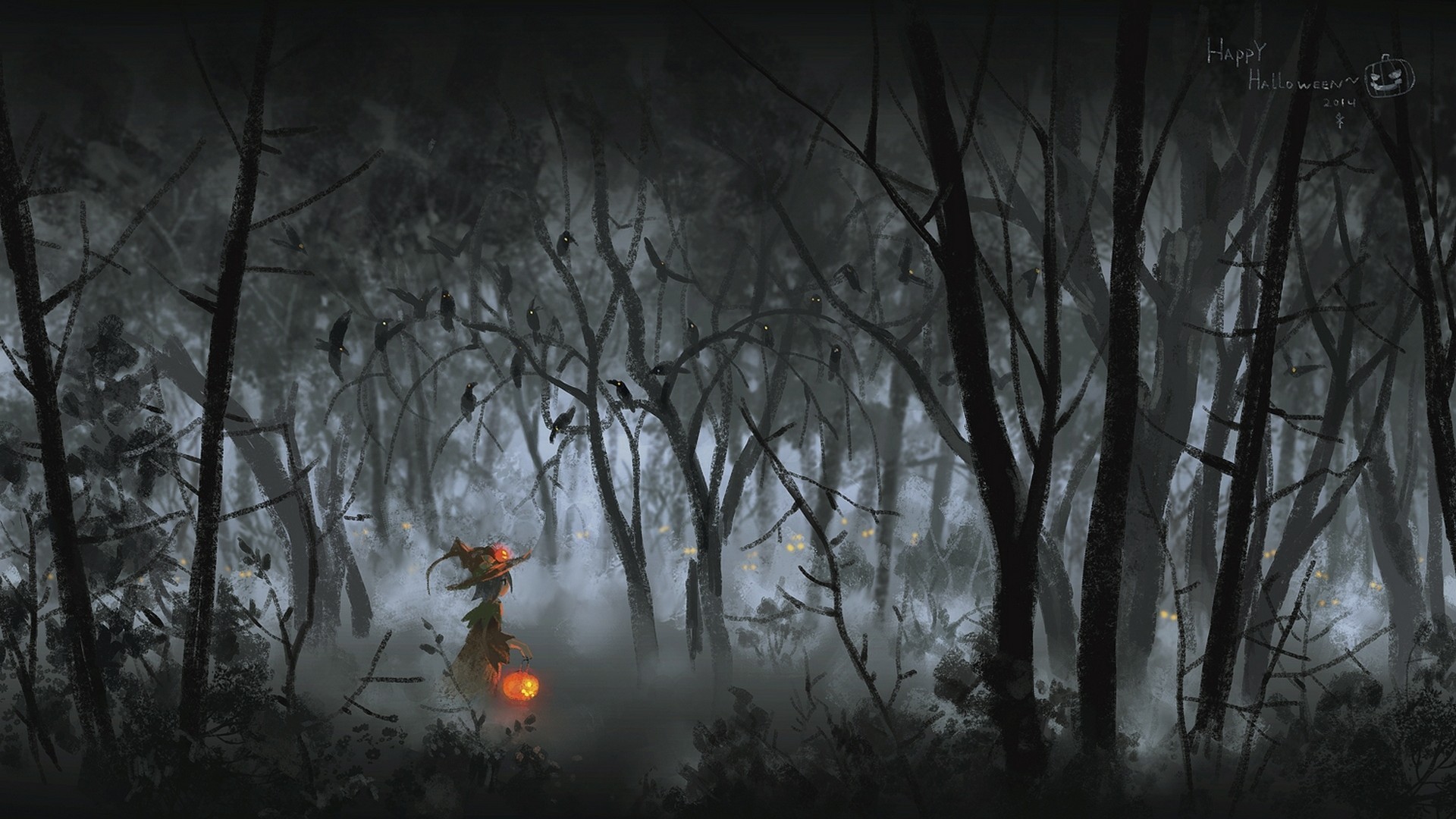General 1920x1080 artwork fantasy art Halloween pumpkin forest deep forest