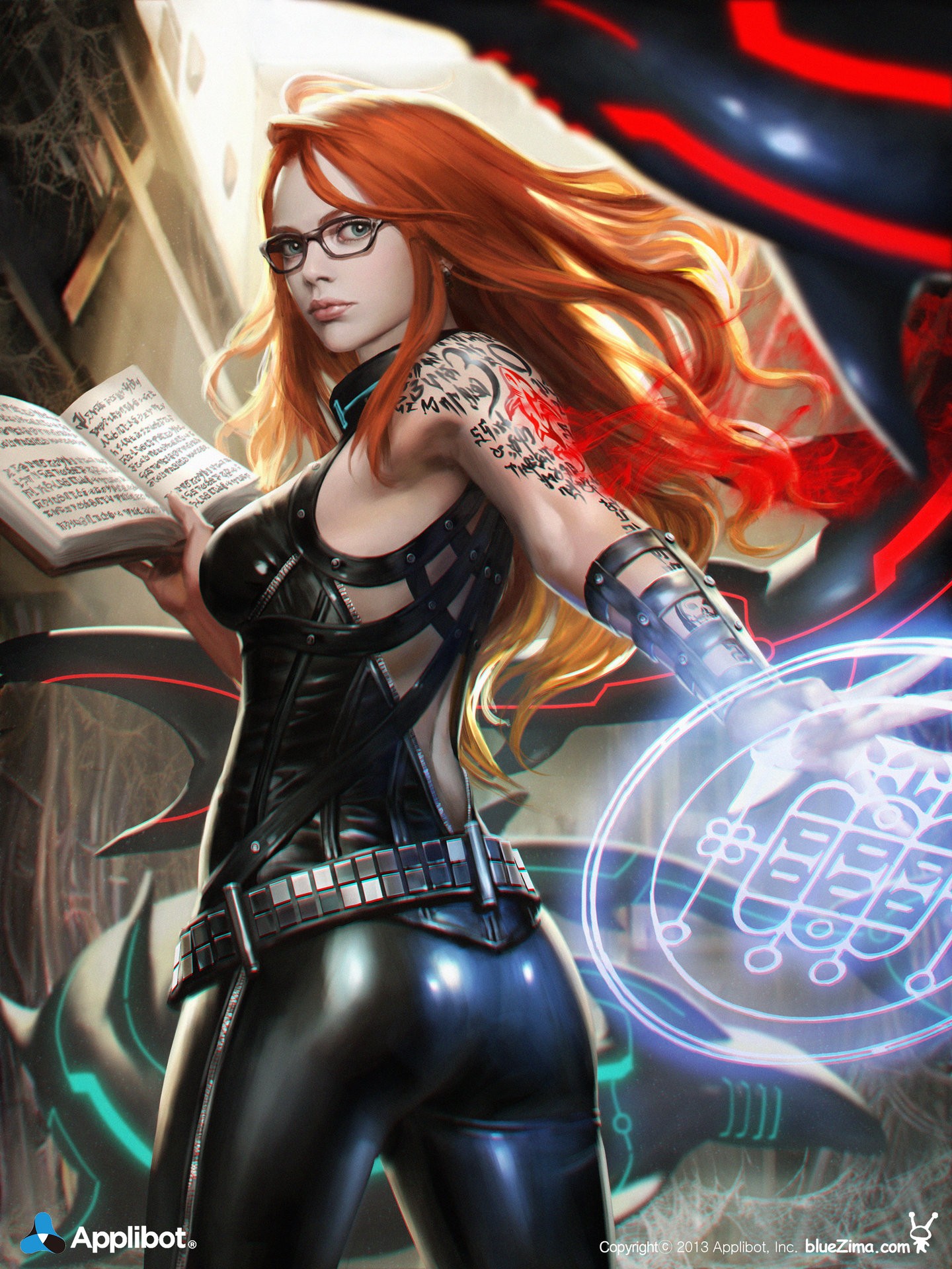 General 1440x1920 fantasy girl ass tattoo redhead long hair glasses books women fantasy art 2013 (Year) women with glasses