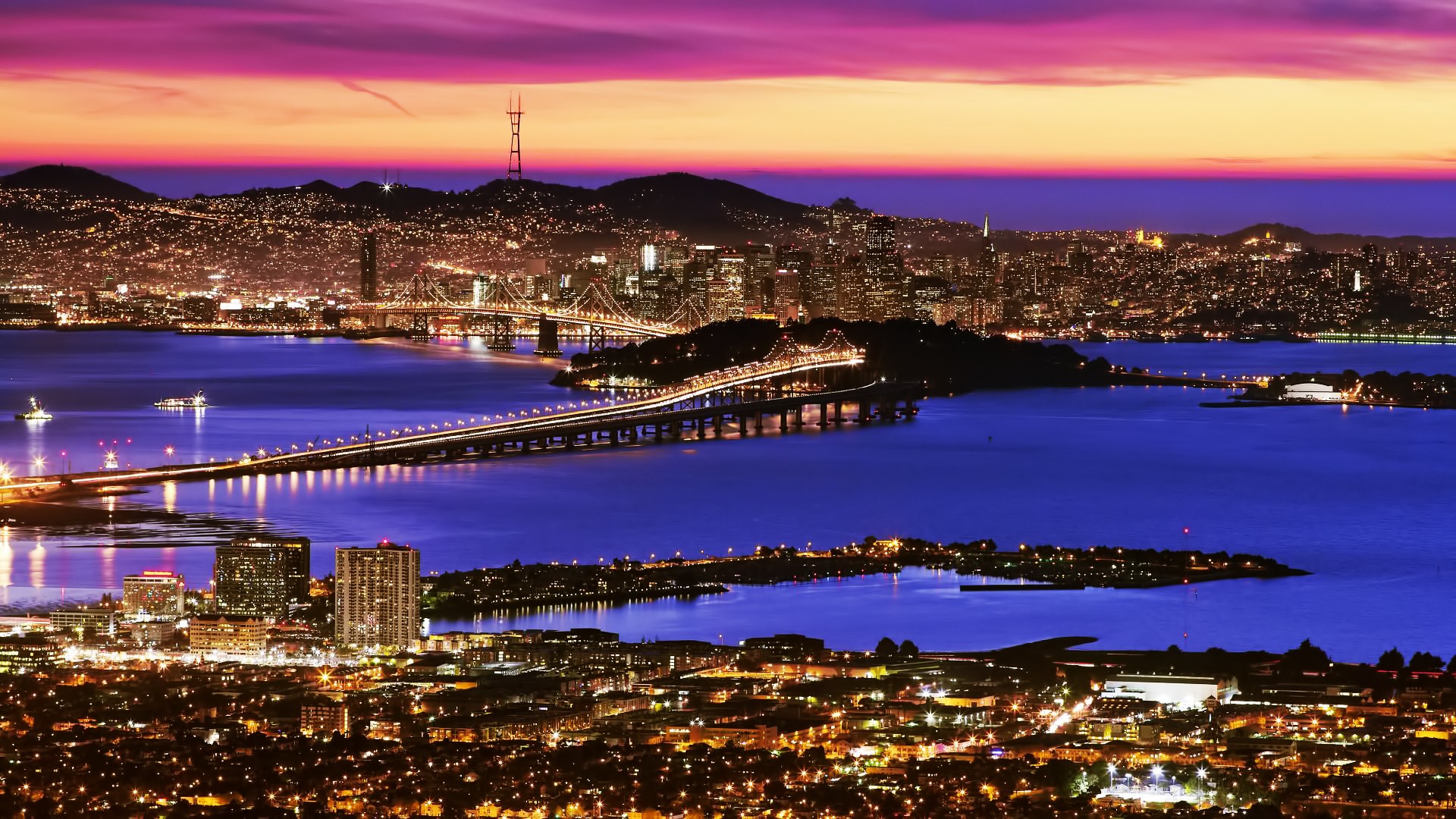 General 1920x1080 landscape San Francisco cityscape city lights dusk purple sky Oakland Bay Bridge USA