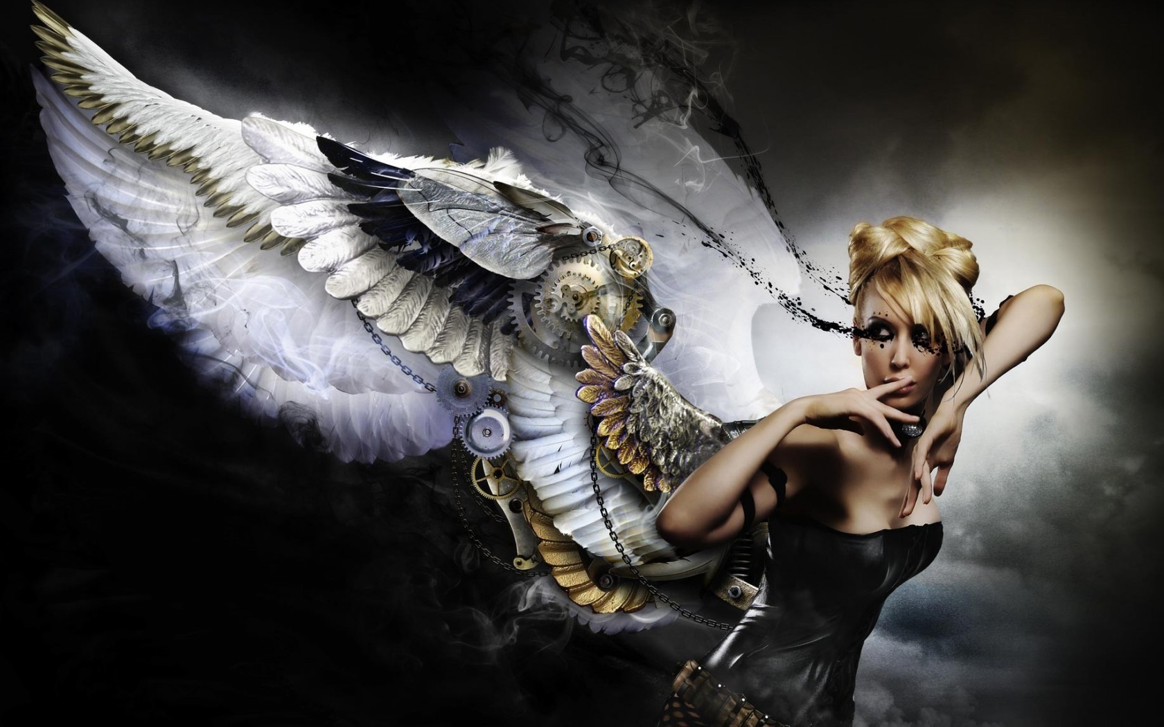 General 1680x1050 steampunk women wings blonde Gear Wheels digital art fantasy art fantasy girl