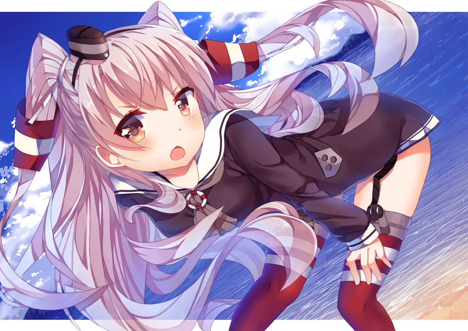 Anime 1500x1061 anime anime girls Kantai Collection Amatsukaze (Kancolle) thigh-highs open mouth long hair striped stockings stockings looking at viewer