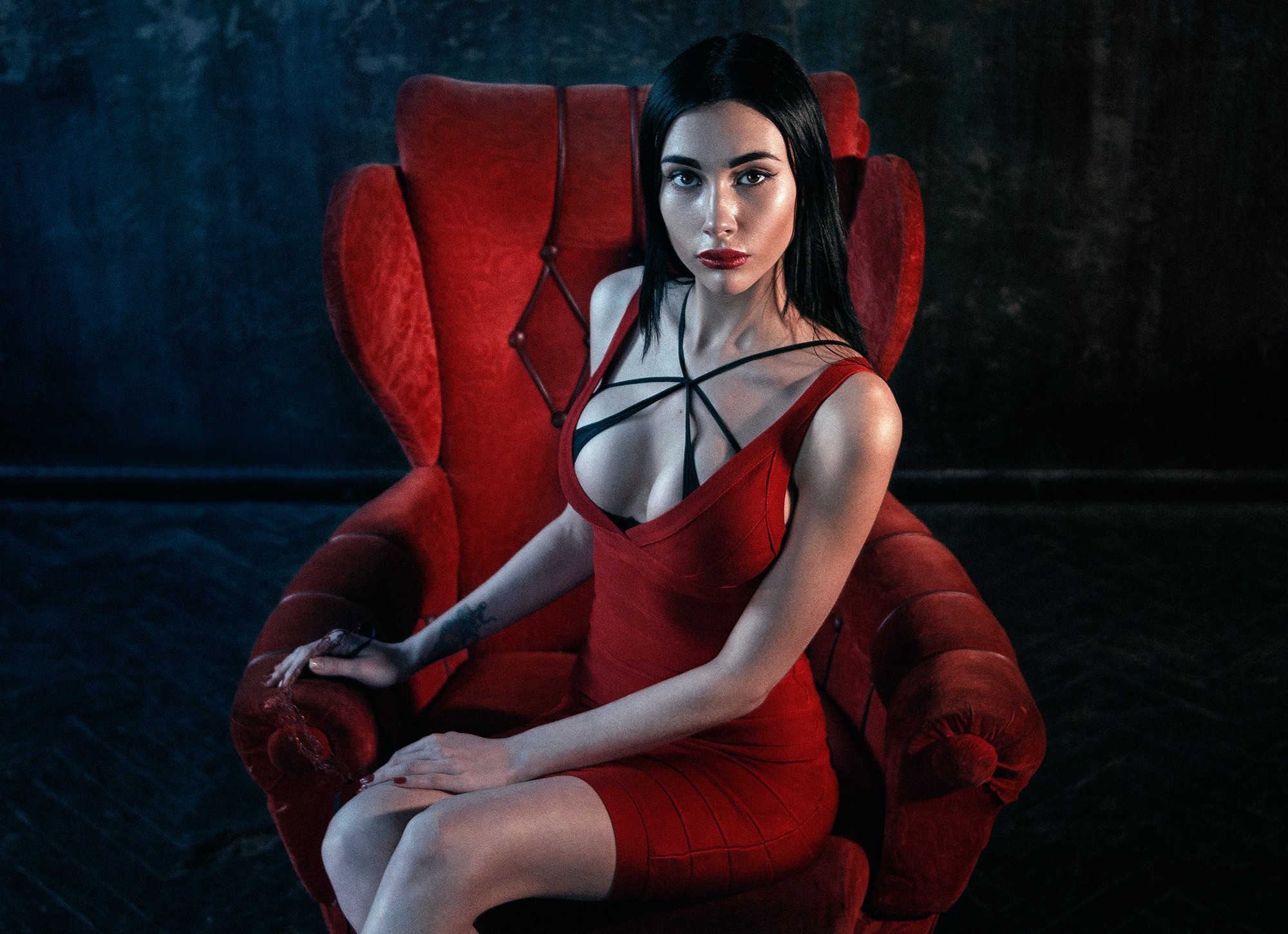 People 2000x1450 dress red dress women sitting chair model high angle women indoors indoors makeup black hair boobs red chair red clothing studio red lipstick looking at viewer