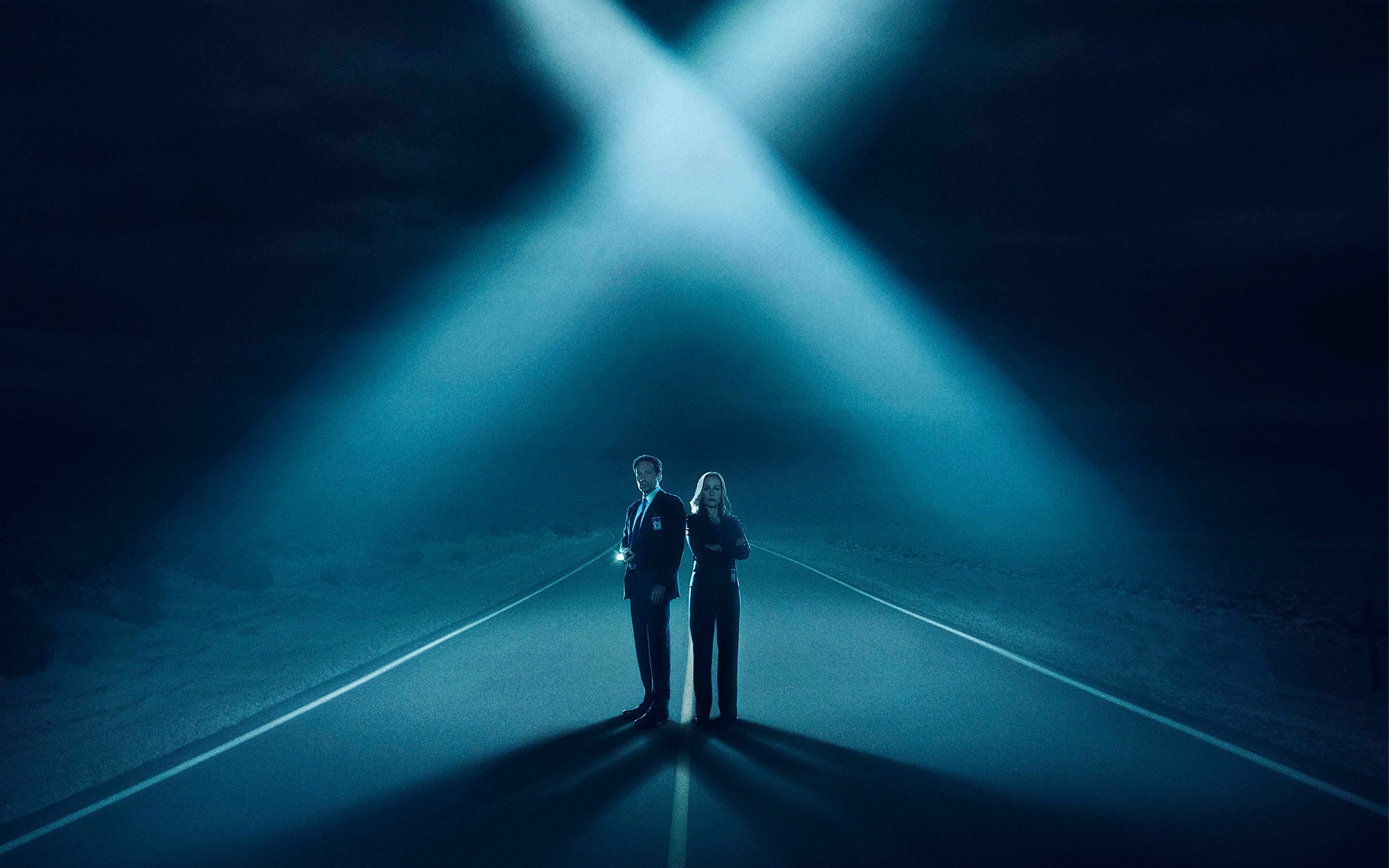 General 2160x1350 The X-Files Fox Mulder Dana Scully cyan road night David Duchovny Gillian Anderson TV series