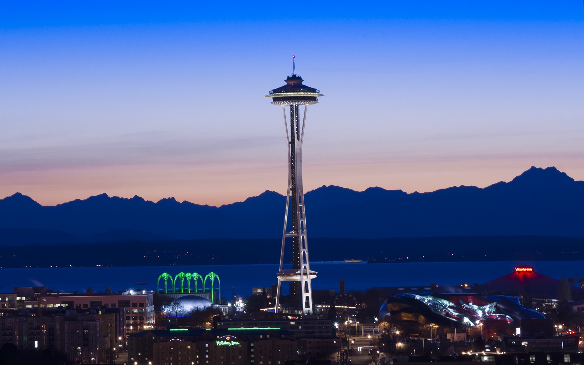 General 2000x1250 photography evening dusk water mountains Seattle Space Needle Washington (state) USA cityscape