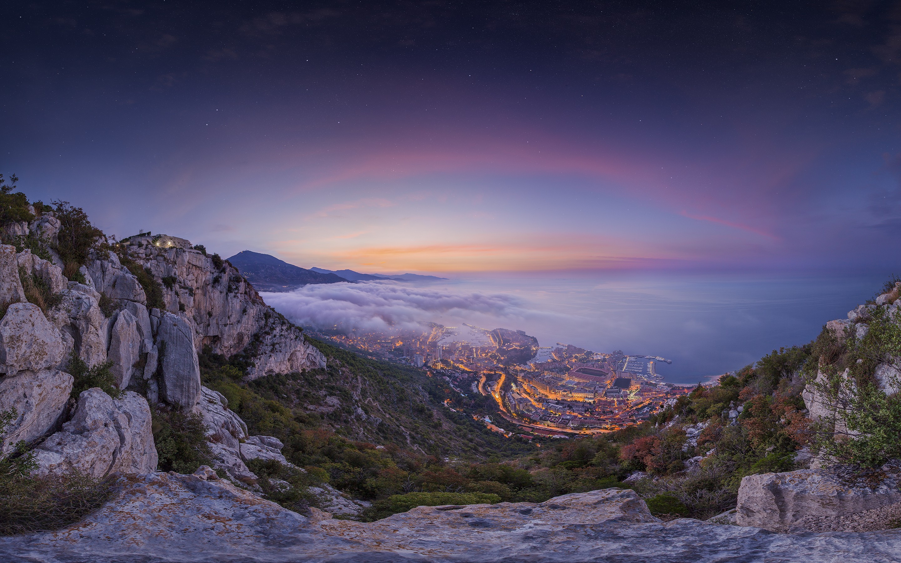 General 2880x1800 Monaco landscape city cityscape clouds sea sunset city lights
