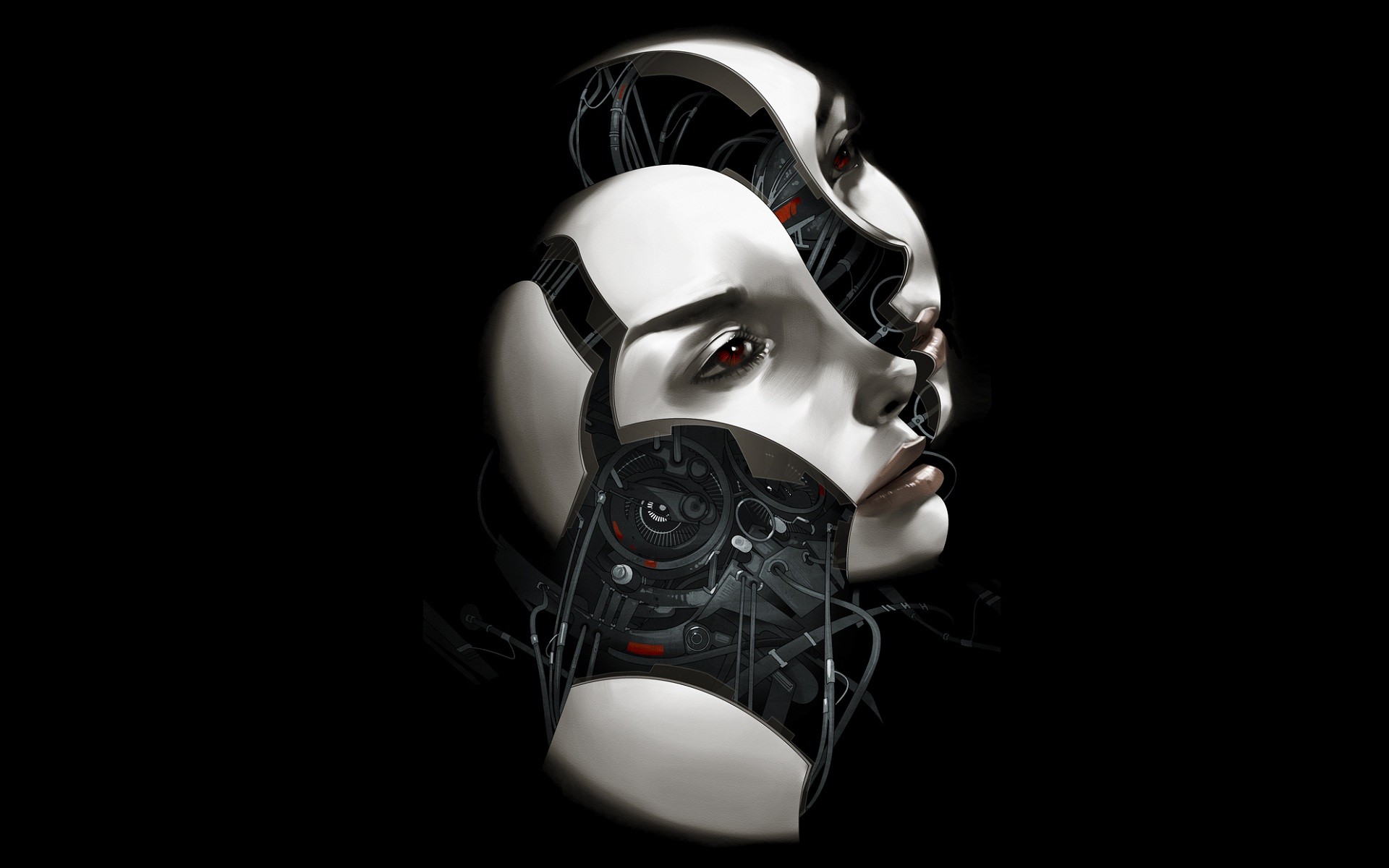 General 1920x1200 digital art black background minimalism women robot face androids technology wires book cover science fiction machine simple background futuristic