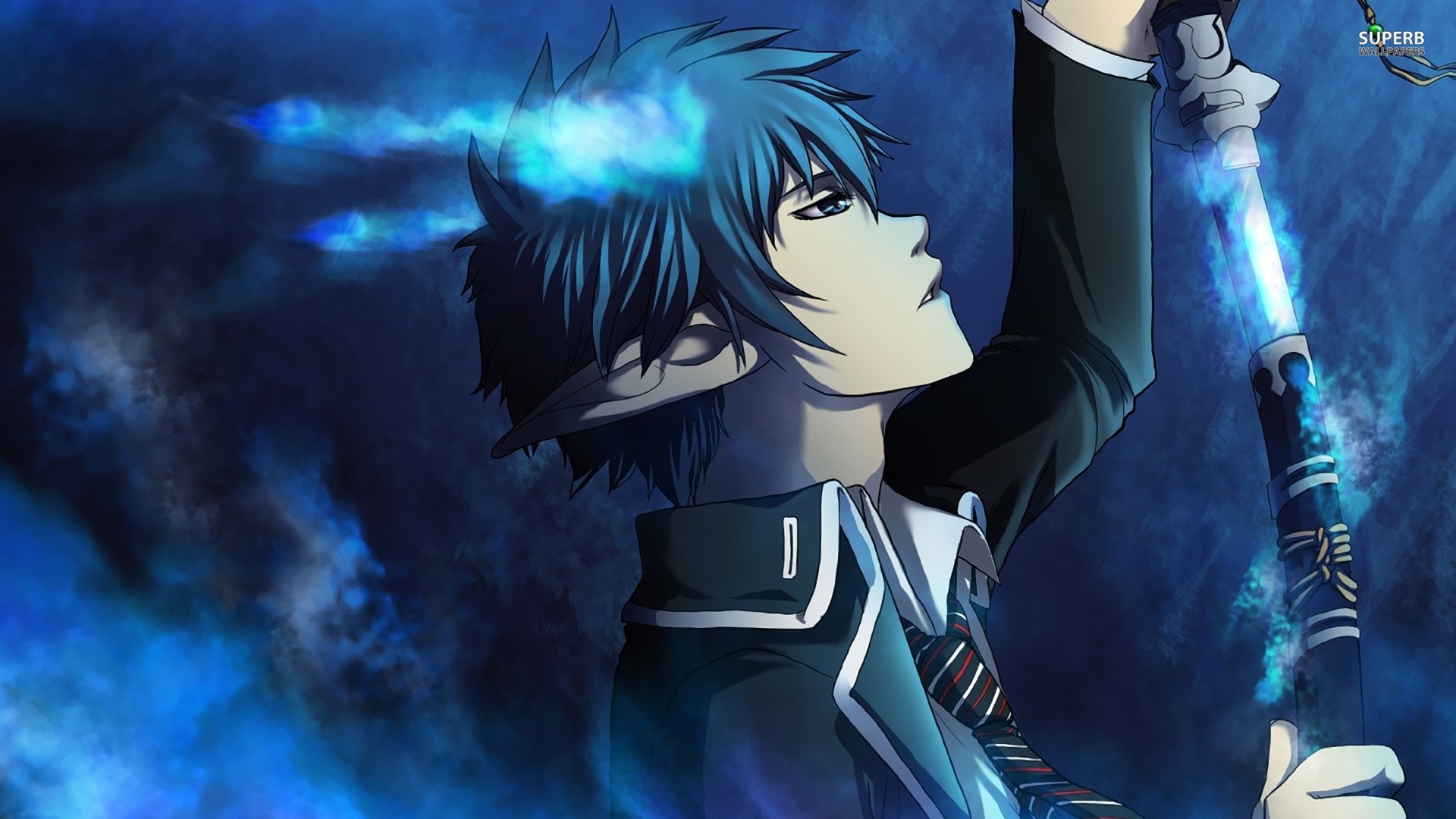 Anime 1920x1080 anime Blue Exorcist demon Okumura Rin anime boys sword weapon blue background pointy ears