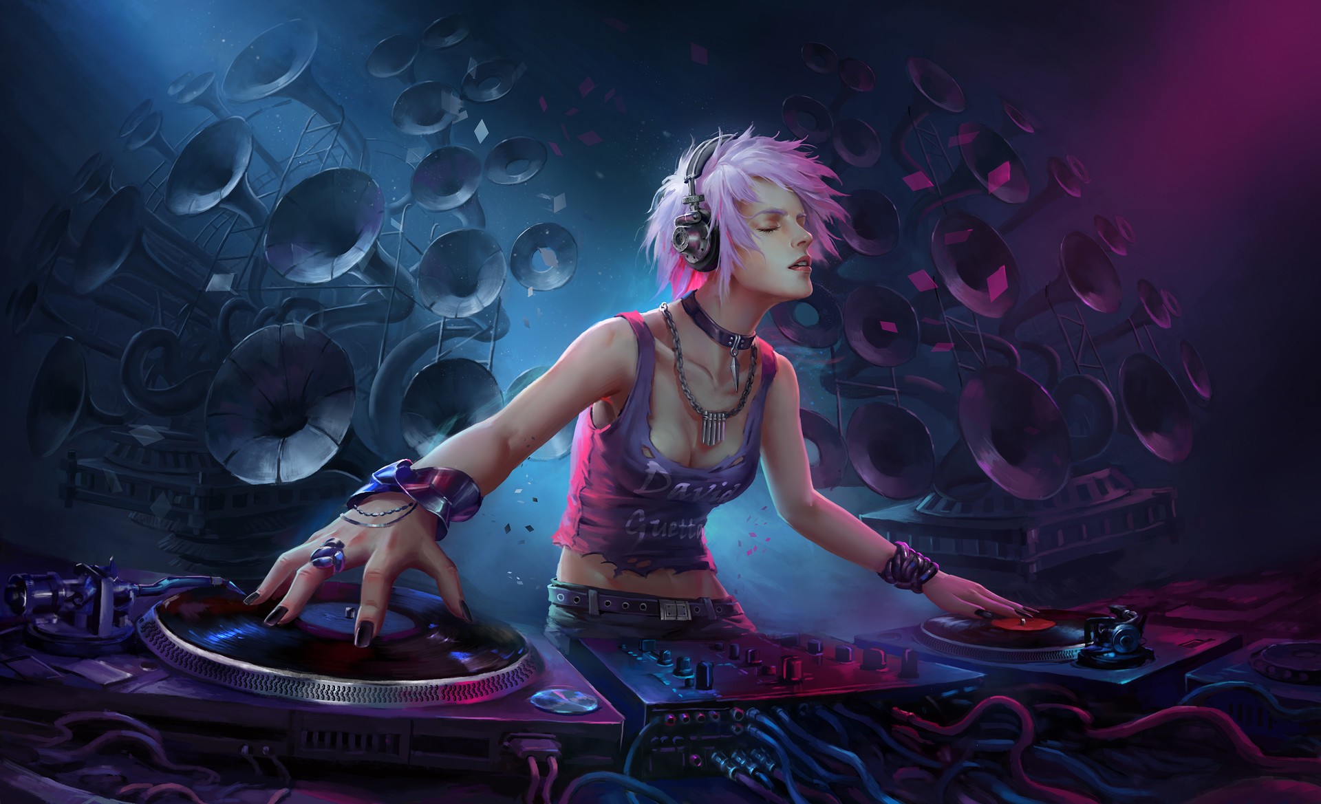 General 1920x1169 DJ women music headphones pink hair turntables closed eyes painted nails audio-technica artwork cleavage torn clothes Wenfei Ye