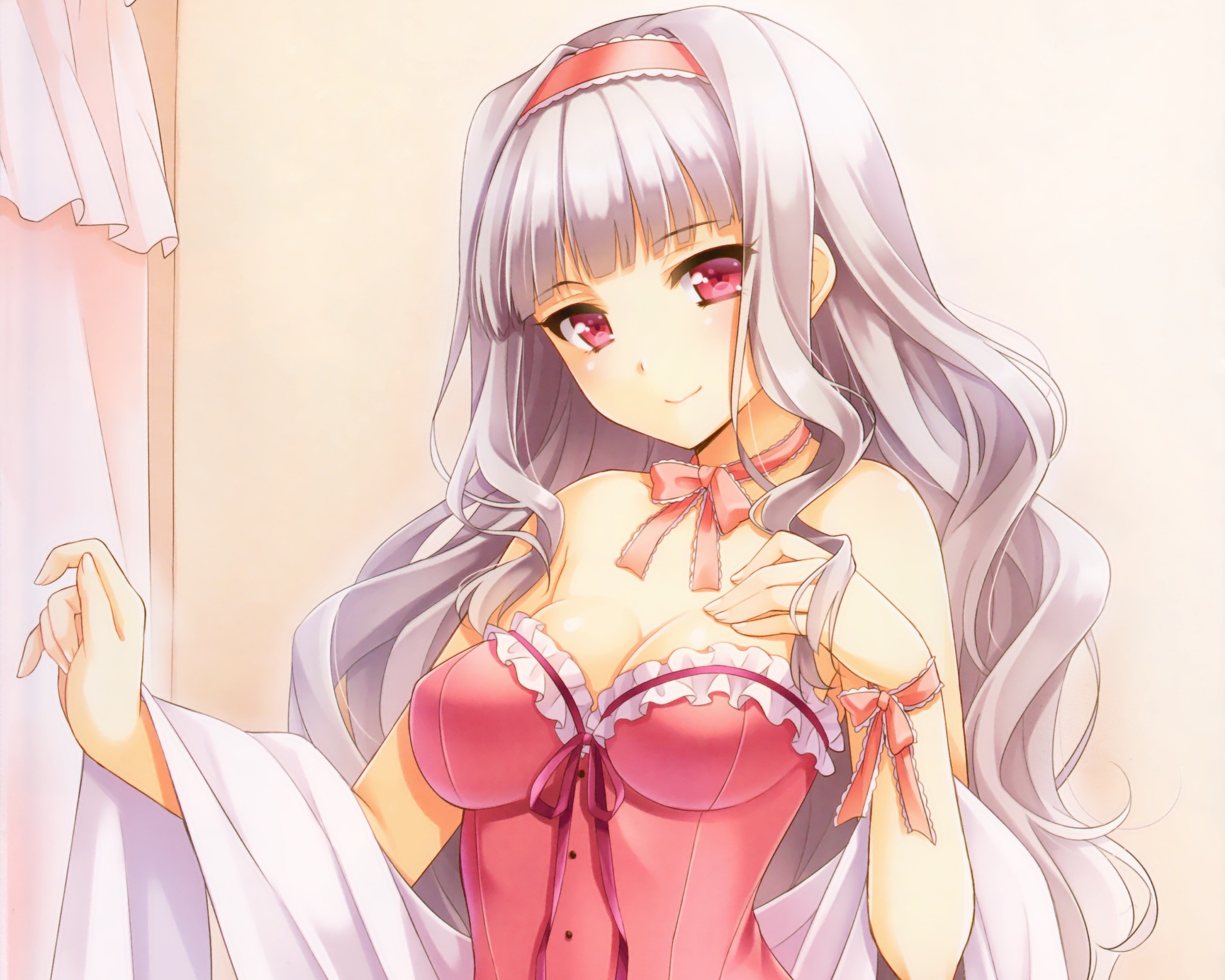 Anime 2115x1692 anime anime girls THE iDOLM@STER Shijou Takane silver hair red eyes lingerie cleavage K-ko Courreges Ace smiling women pink eyes long hair red lingerie looking at viewer