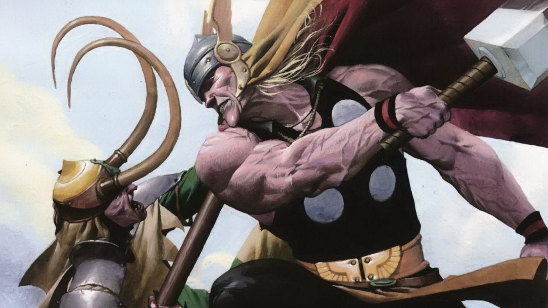 General 1920x1080 comics Thor Loki Marvel Comics superhero comic art cape muscles muscular men hammer helmet artwork digital art