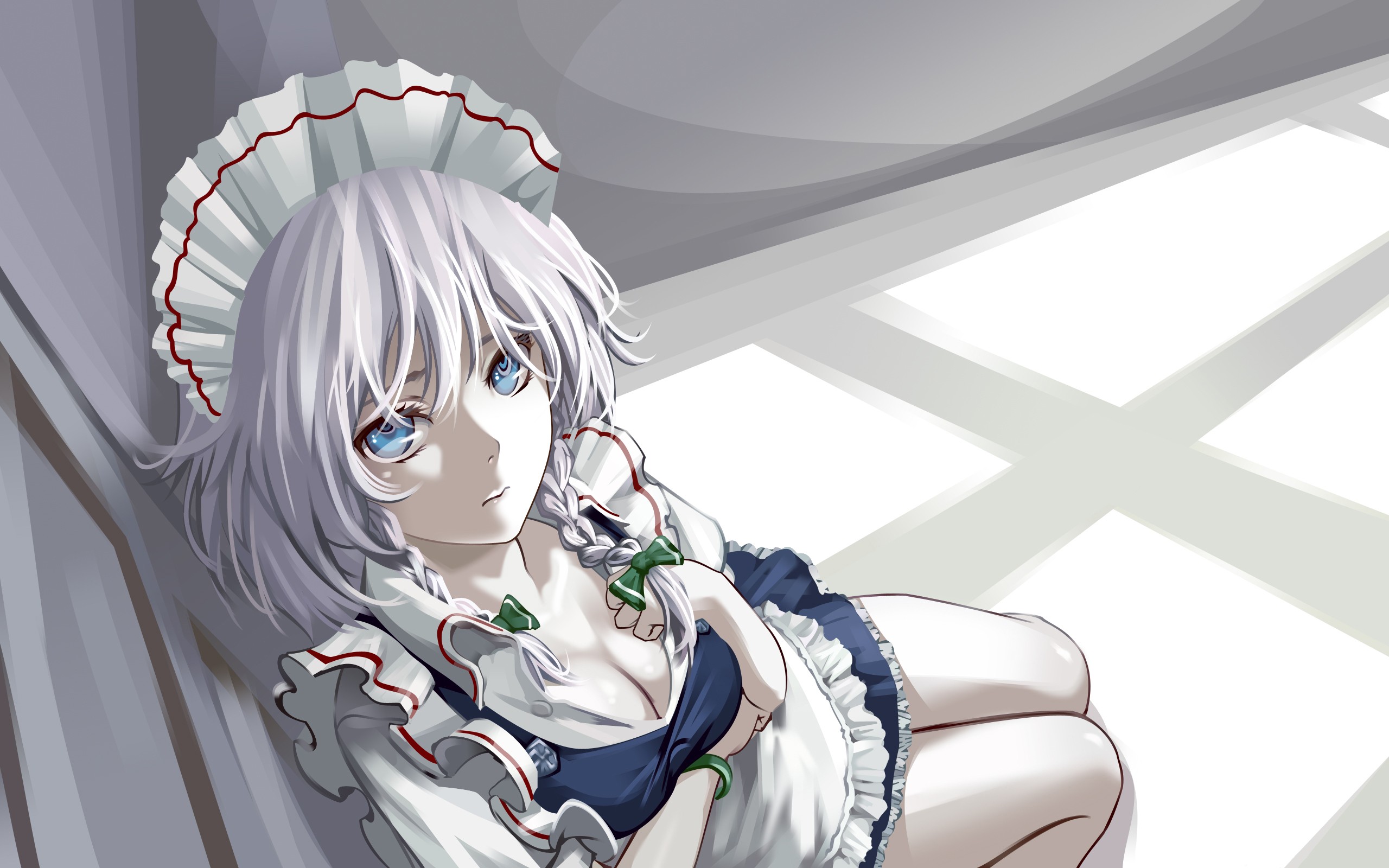 Anime 2560x1600 Touhou anime anime girls Izayoi Sakuya gray hair braids As109 cleavage blue eyes maid maid outfit looking at viewer