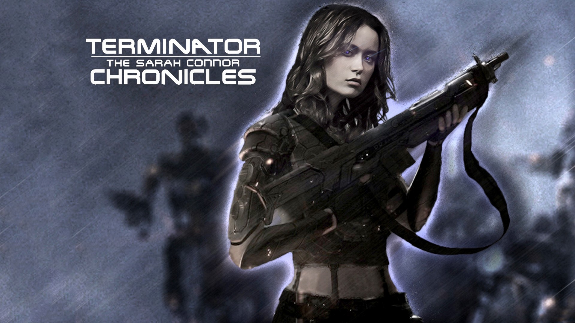 General 1920x1080 Terminator: The Sarah Connor Chronicles TV series science fiction fan art women machine cyborg dark hair purple eyes Futuristic Weapons girls with guns long hair