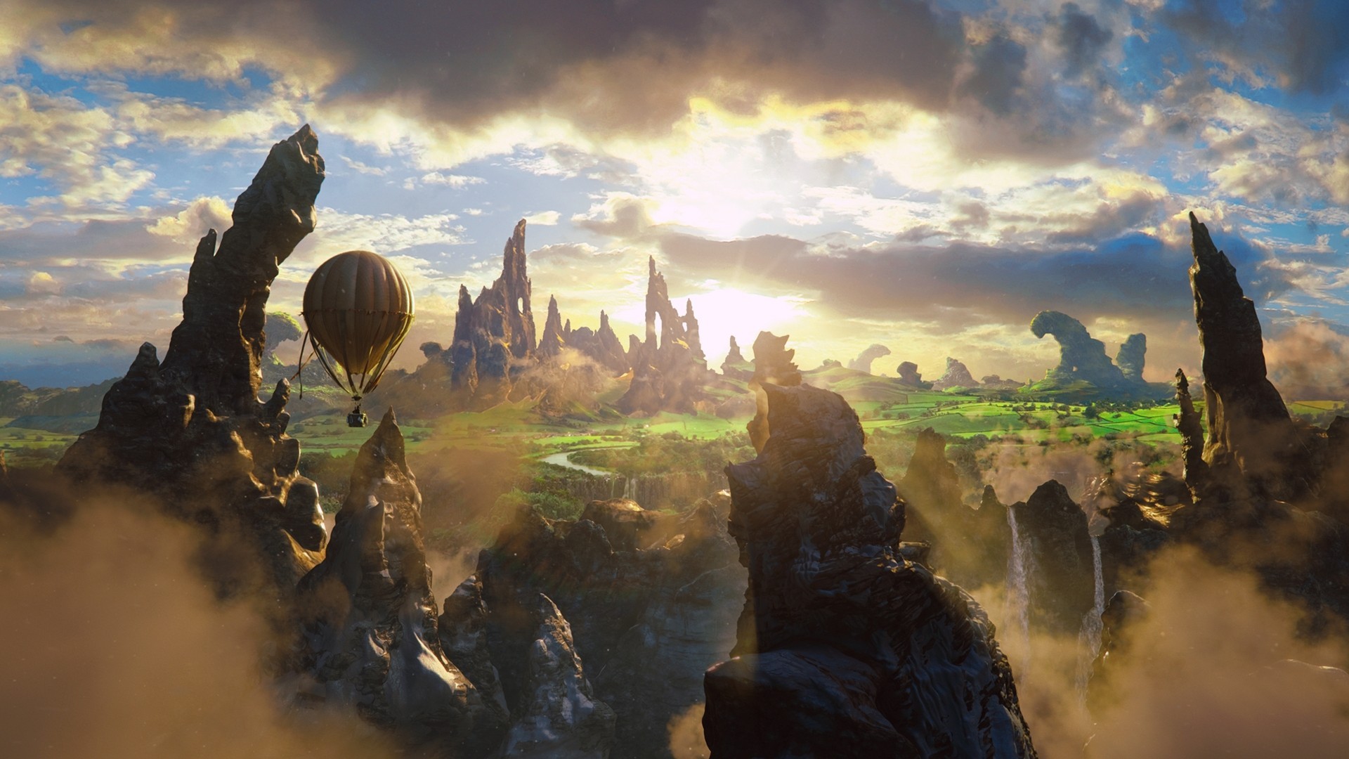General 1920x1080 fantasy art hot air balloons digital art Oz the Great and Powerful rock formation sunlight landscape movies