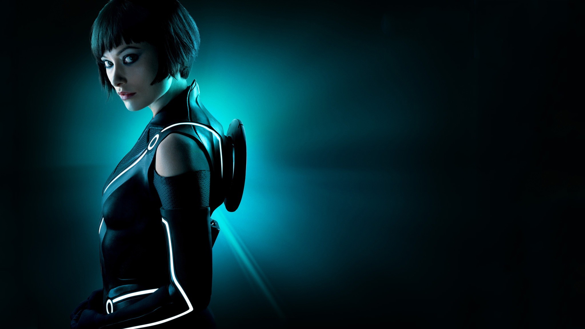 People 2048x1152 Tron: Legacy Olivia Wilde movies movie poster actress women Quorra science fiction women science fiction looking at viewer dark hair makeup Disney cyan American women