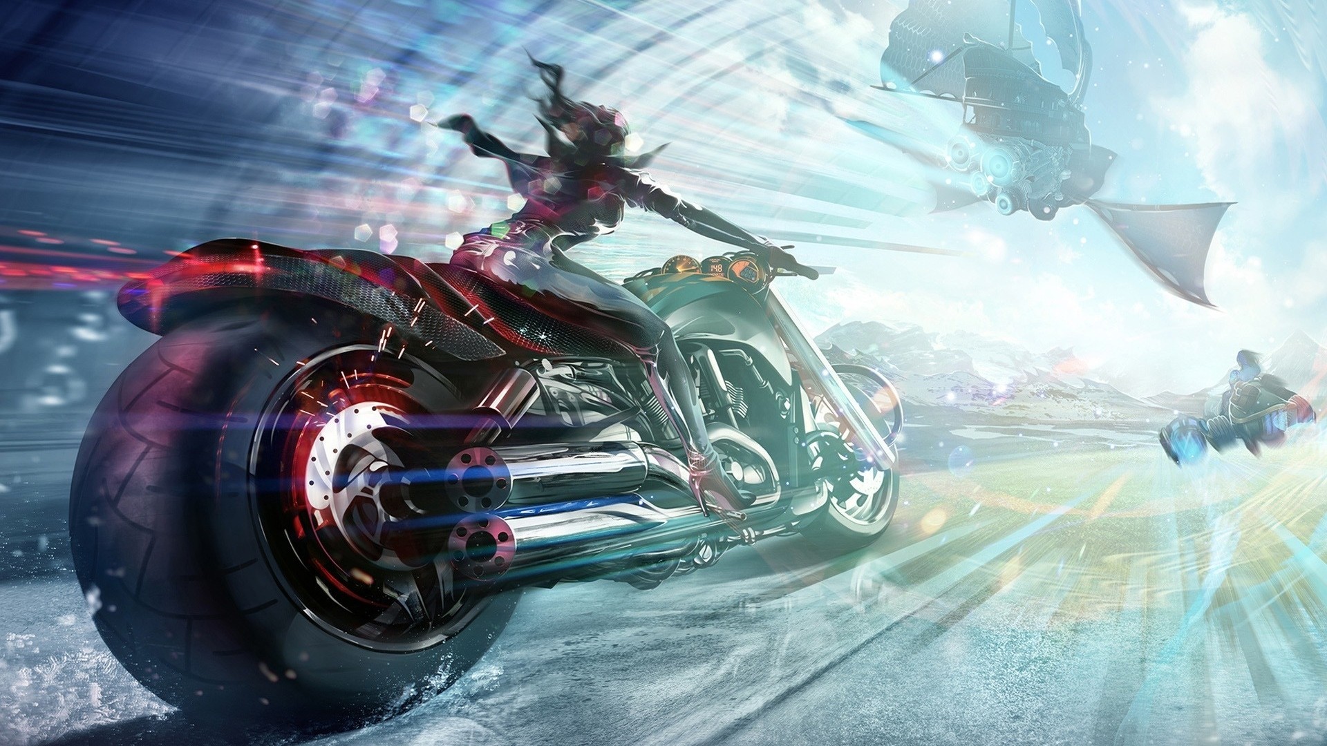 General 1920x1080 artwork concept art women motorcycle high heels airships digital art science fiction futuristic anime anime girls women with motorcycles vehicle