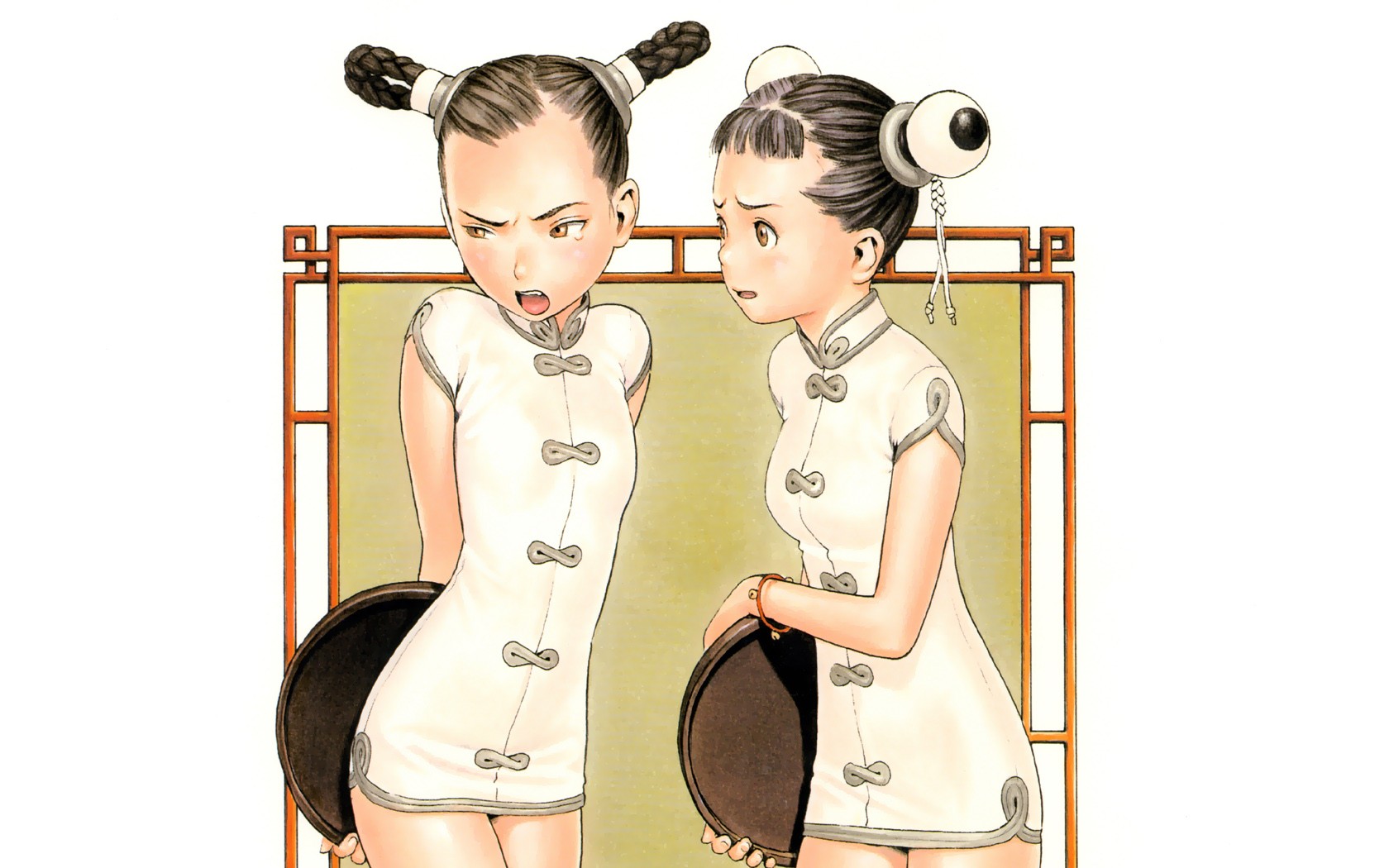 Anime 1680x1050 Murata Range anime anime girls two women women dark hair waitress simple background standing angry dress