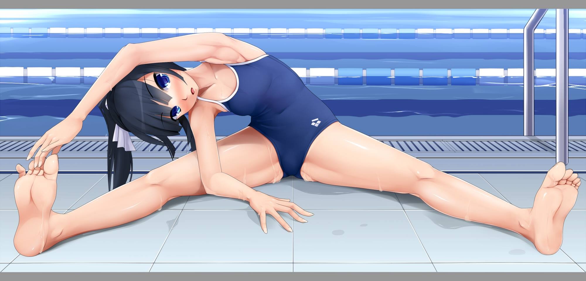 Anime 2000x960 wet school swimsuits spread legs anime girls wet body anime barefoot flexible feet stretching dark hair ponytail blue eyes blushing Eto armpits swimwear one arm up