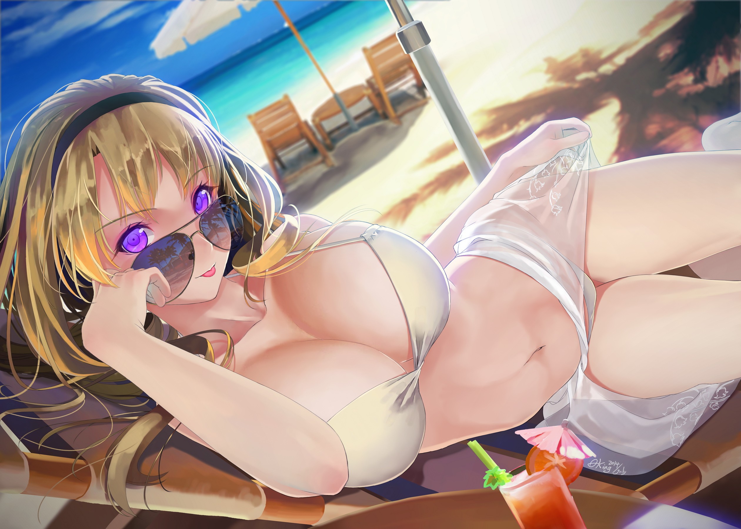 Anime 2520x1800 big boobs original characters beach bikini anime anime girls glasses tongue out cleavage okingjo boobs women women with shades sunglasses belly women outdoors outdoors women on beach blonde tongues huge breasts lying on side purple eyes hair ribbon cocktails