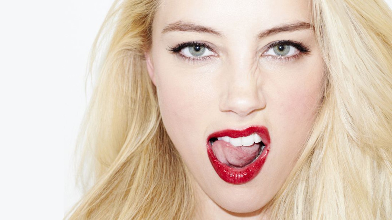People 1366x768 Amber Heard tongues face actress white background women celebrity tongue out studio indoors women indoors looking at viewer red lipstick open mouth