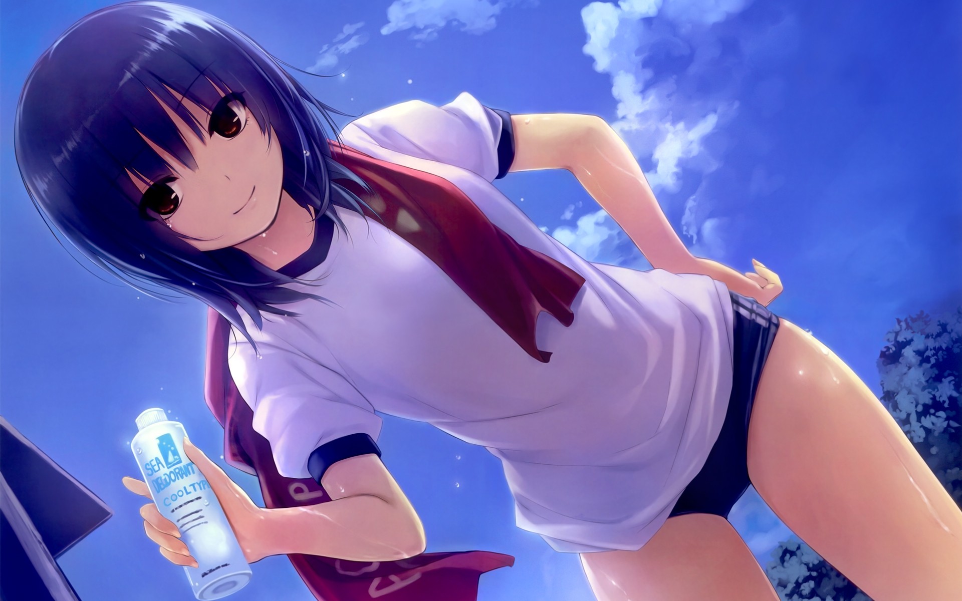 Anime 1920x1200 anime anime girls blue hair dark eyes smiling looking at viewer women outdoors outdoors sportswear gym clothes short shorts