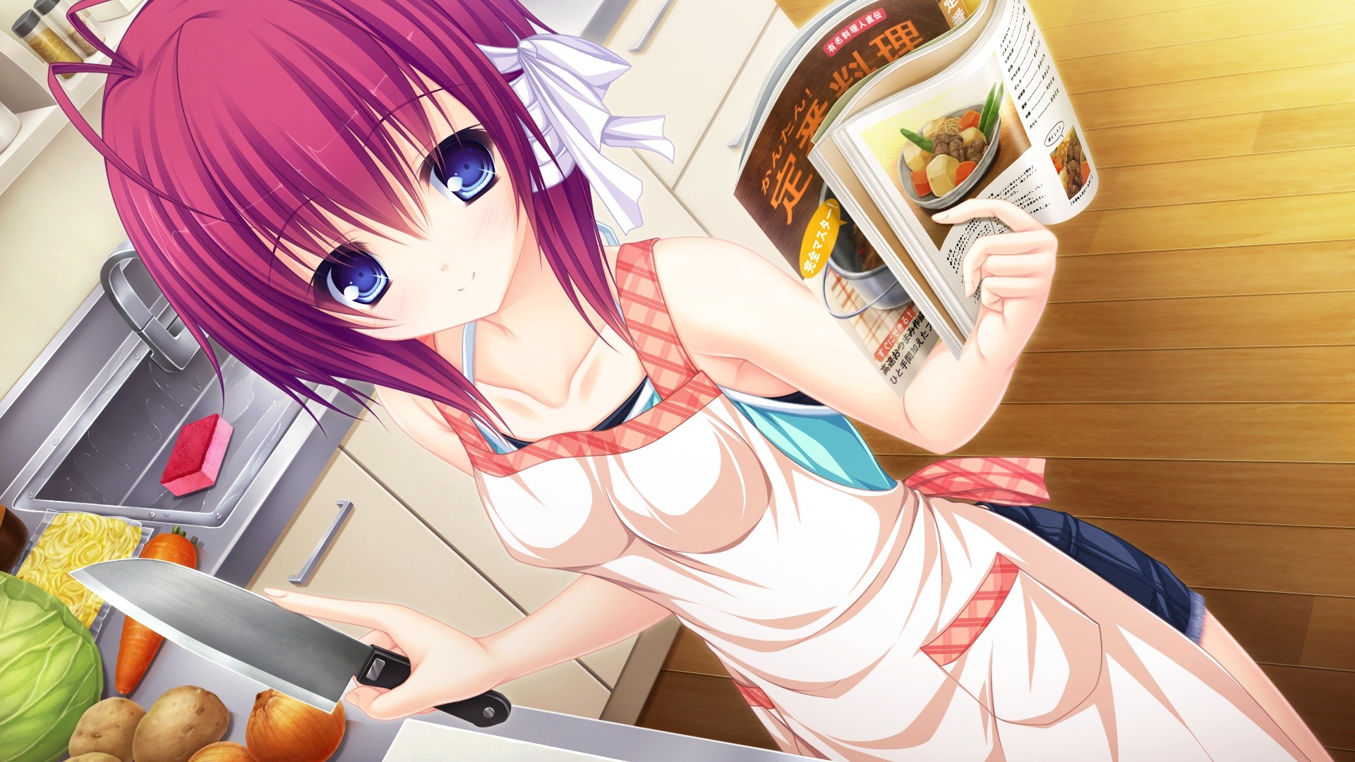 Anime 1920x1080 anime anime girls kitchen cooking knife pink hair women indoors indoors books looking at viewer