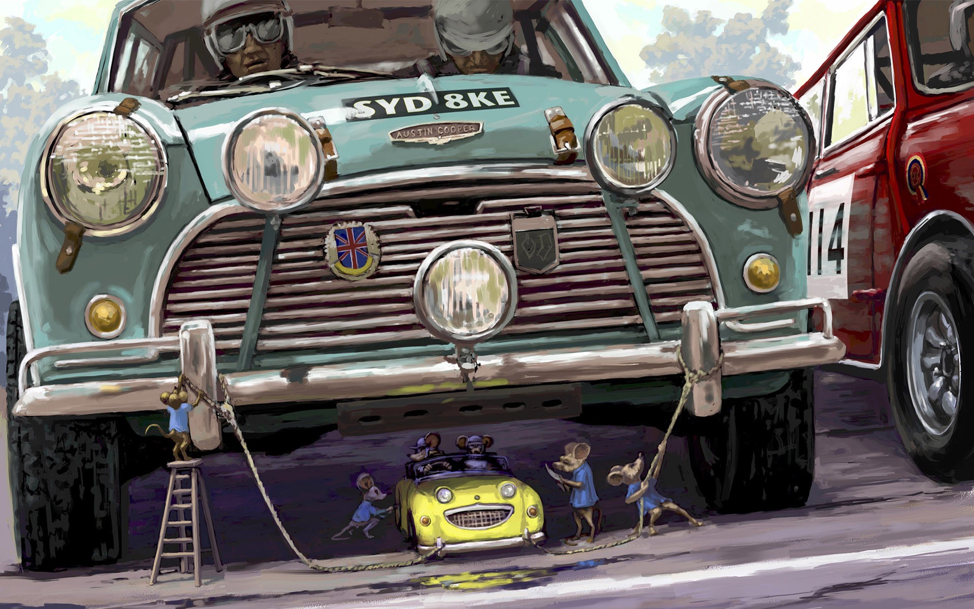 General 1920x1200 artwork car mice vehicle humor Mini Mini Cooper hatchbacks British cars
