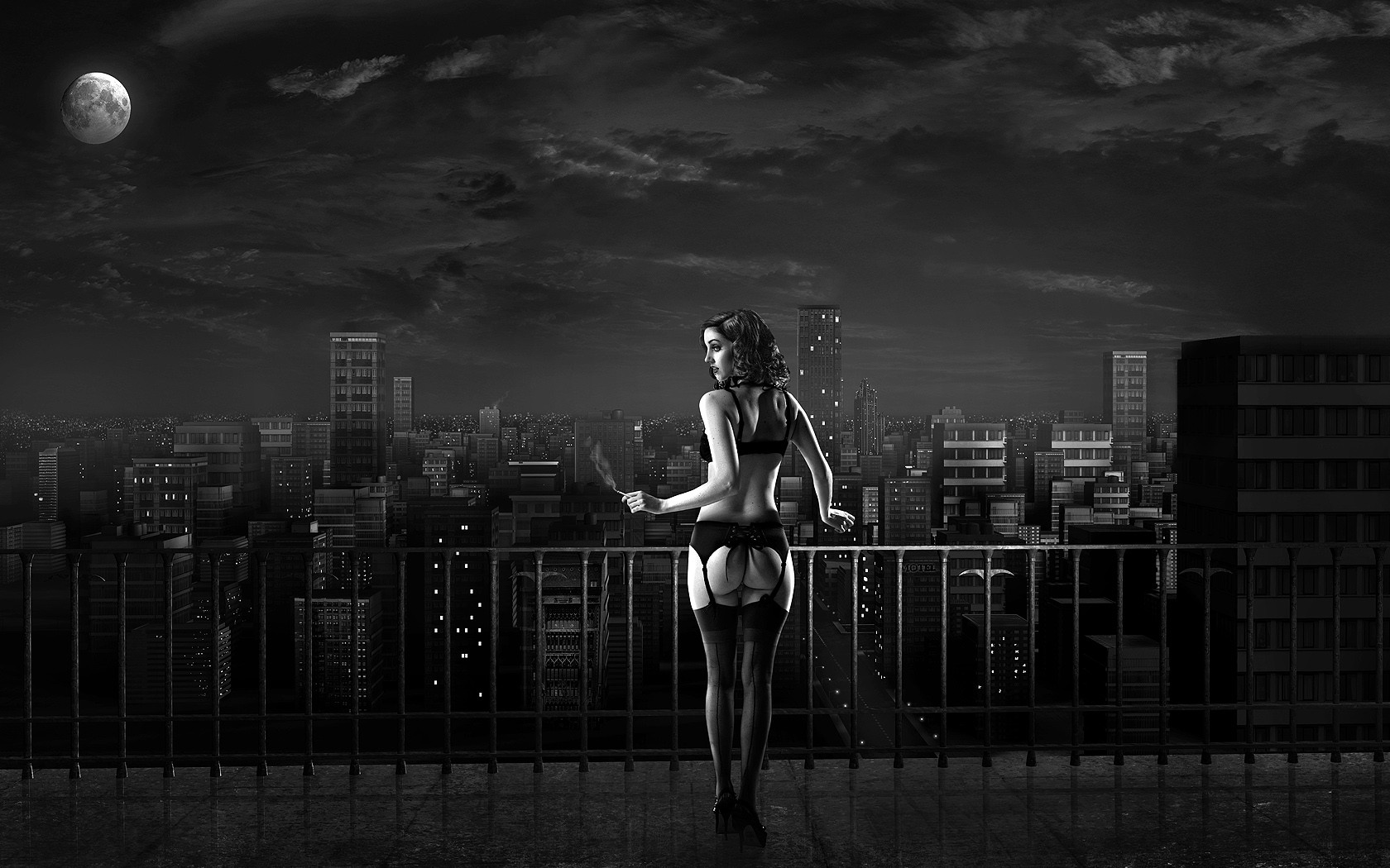People 1680x1050 monochrome cityscape women lingerie smoking cigarettes model ass Moon stockings balcony rooftops