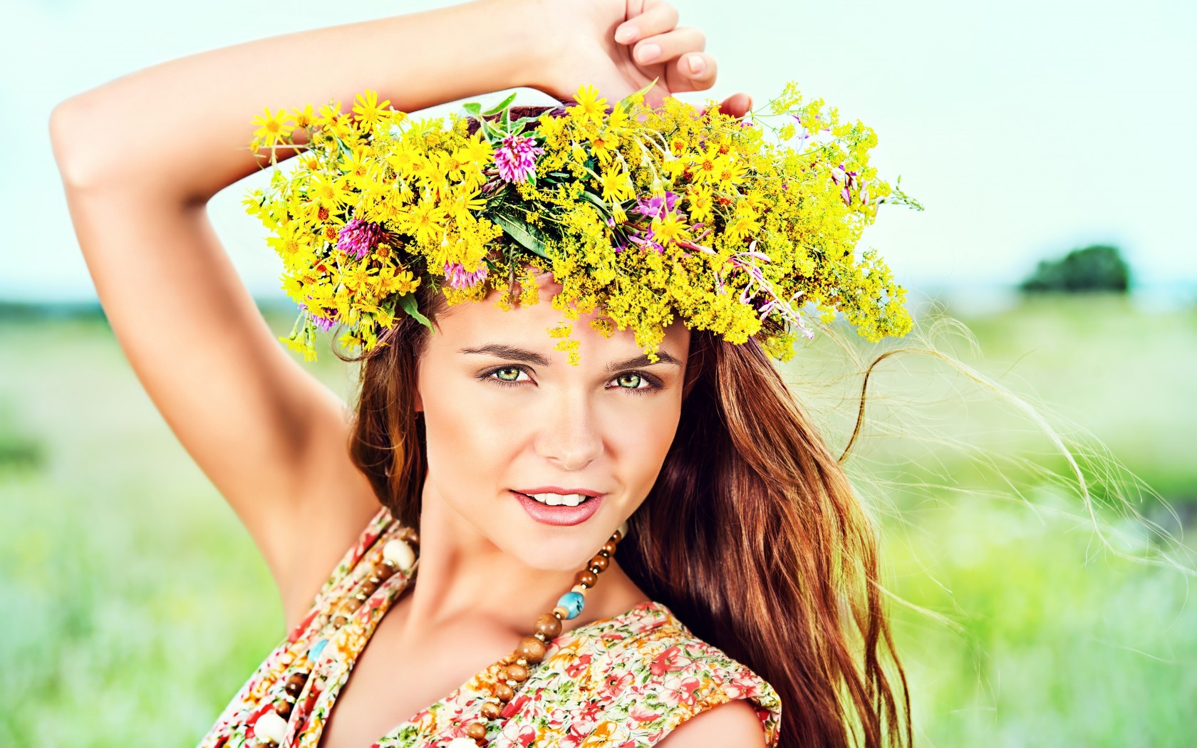 People 1680x1050 women green eyes auburn hair dress flowers women outdoors arms up face depth of field flower crown looking at viewer lipstick