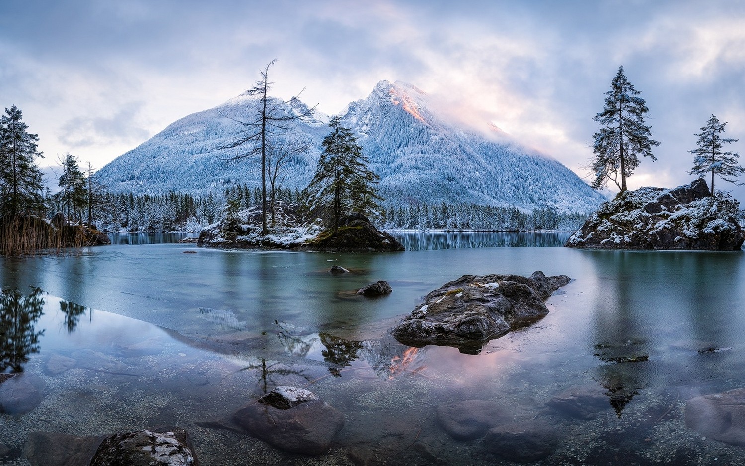 General 1500x938 lake mountains nature trees frost snow forest landscape island rocks winter water