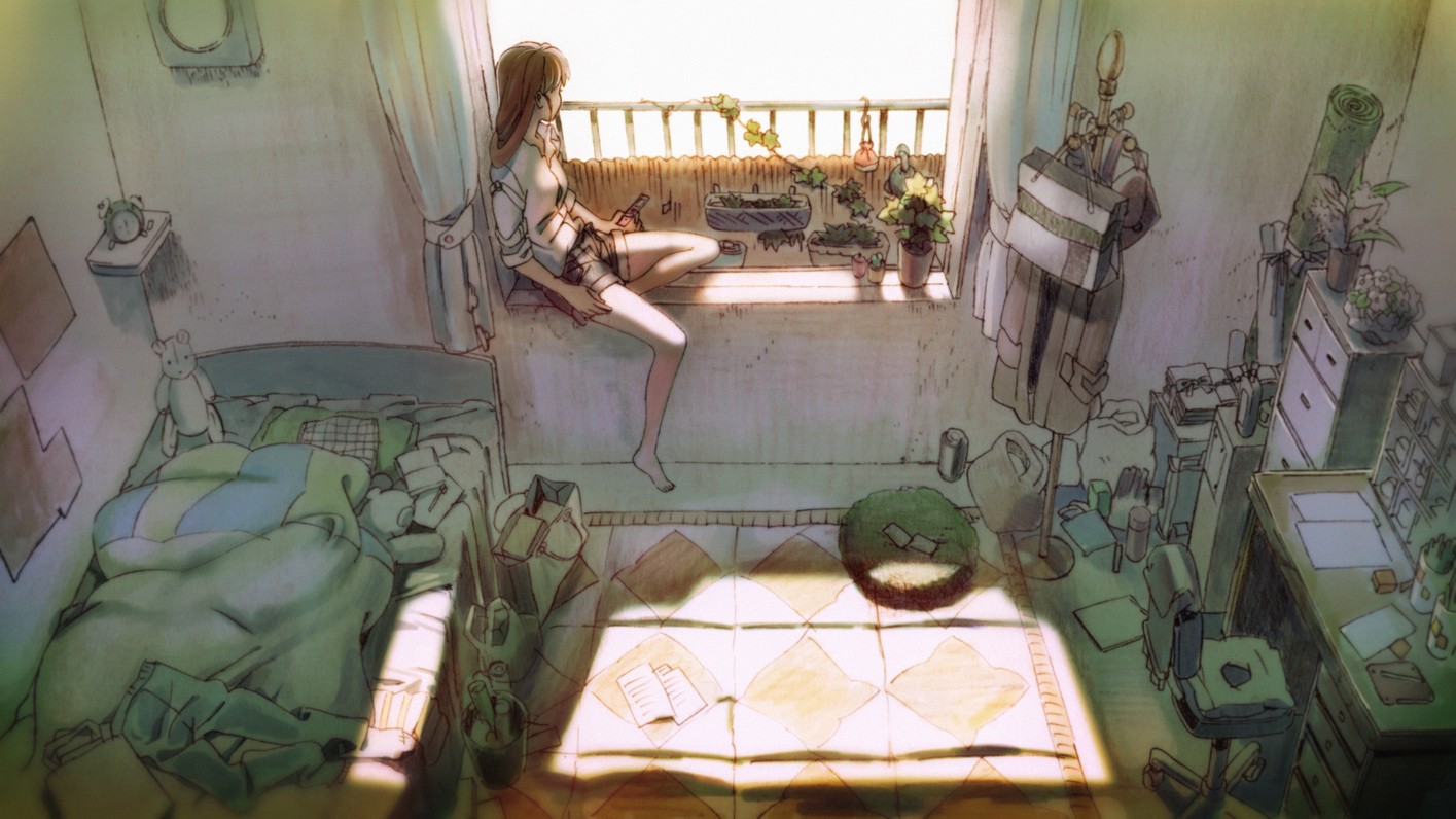 Anime 1415x796 room original characters anime girls barefoot indoors anime interior women indoors alone sitting women looking out window