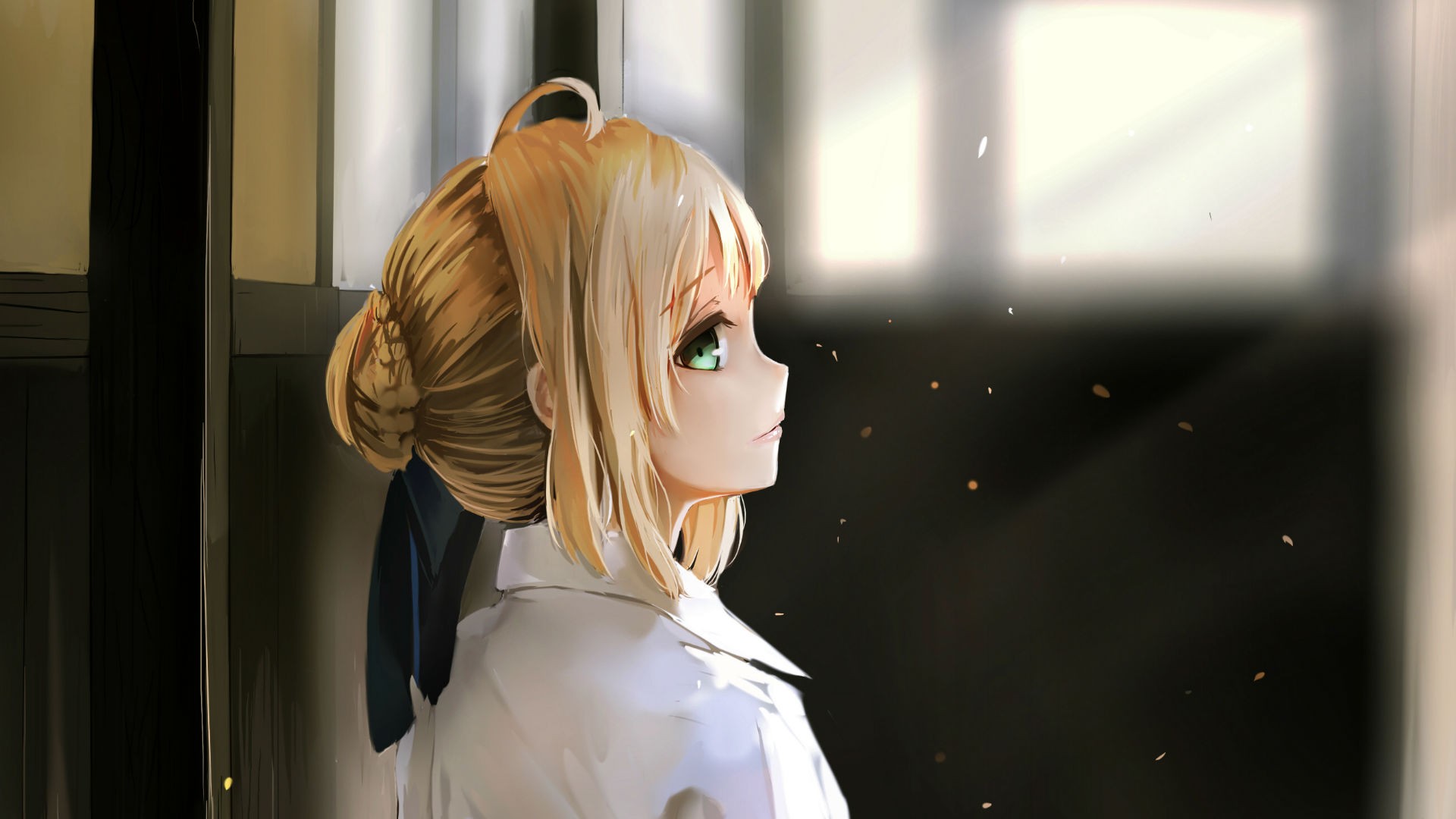 Anime 1920x1080 Saber ribbon hairbun blonde Fate series anime girls anime green eyes face Artoria Pendragon
