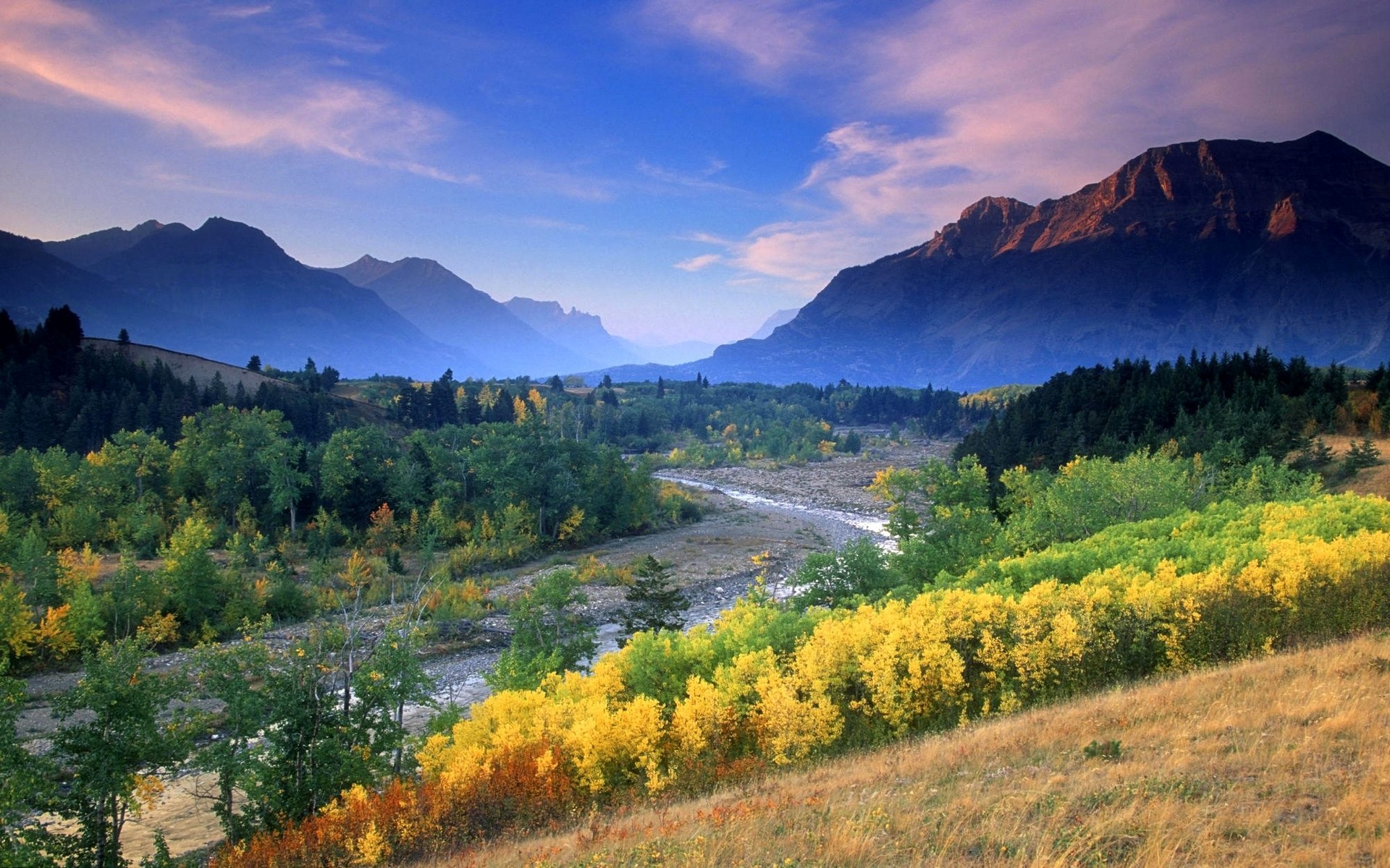 General 1920x1200 nature landscape river fall mountains mist sunset forest clouds yellow blue green shrubs trees