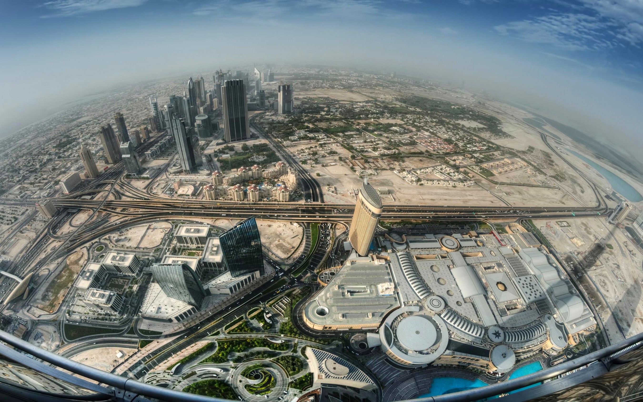 General 2700x1688 landscape skyscraper highway cityscape architecture fisheye lens mist Dubai United Arab Emirates urban balcony