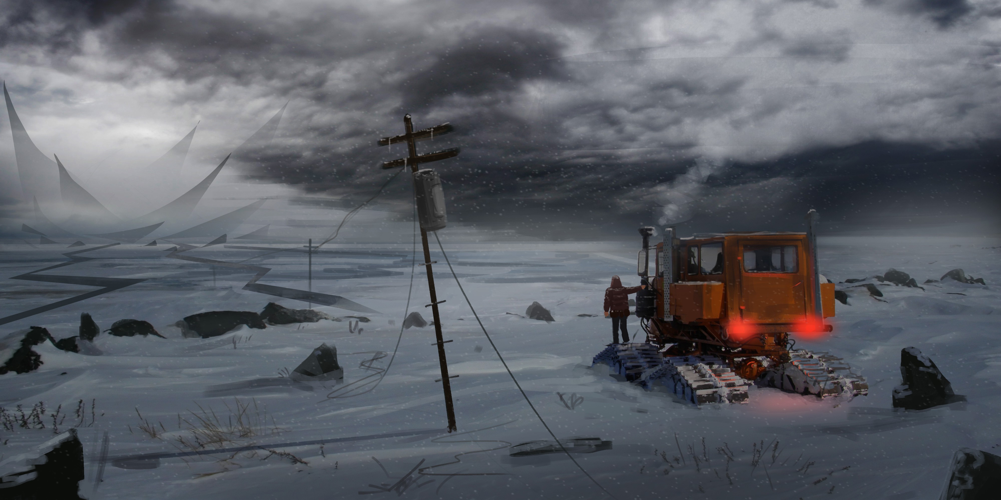 General 4000x2000 Arctic artwork vehicle sky snow winter DeviantArt landscape power lines