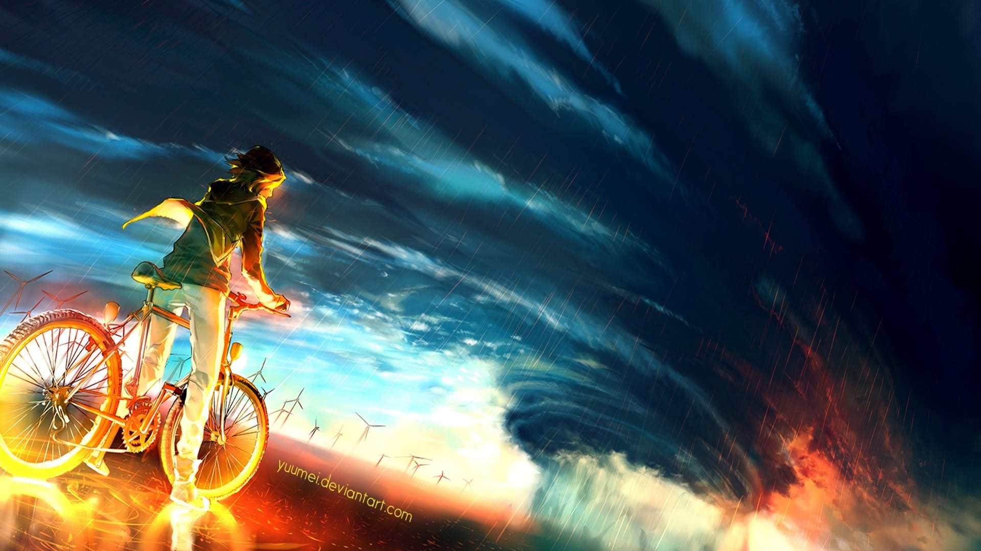 Anime 1920x1080 artwork anime sky storm vehicle bicycle dark clouds women with bicycles DeviantArt