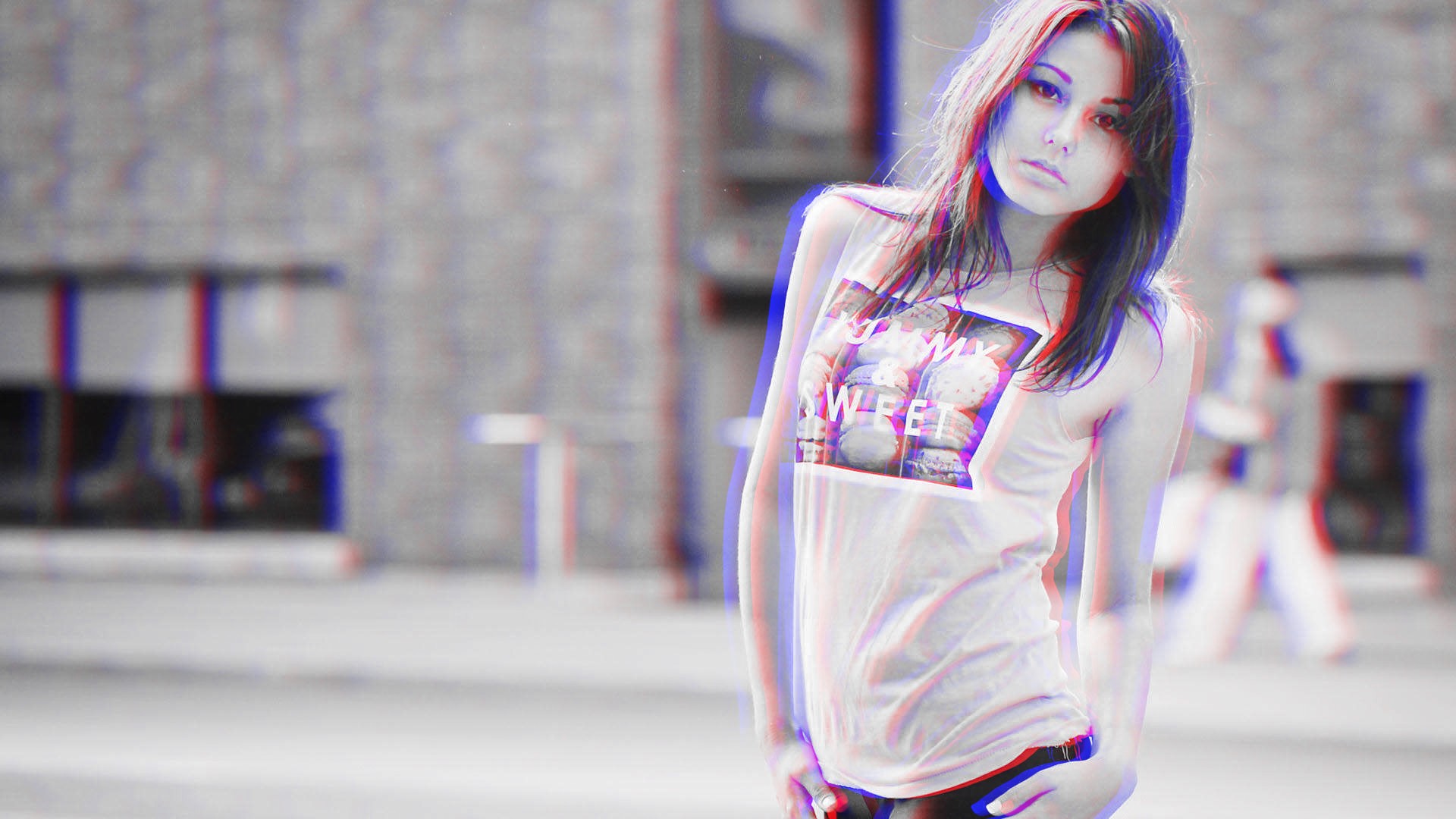People 1920x1080 anaglyph 3D women Laura Baduria T-shirt city standing looking at viewer women outdoors urban