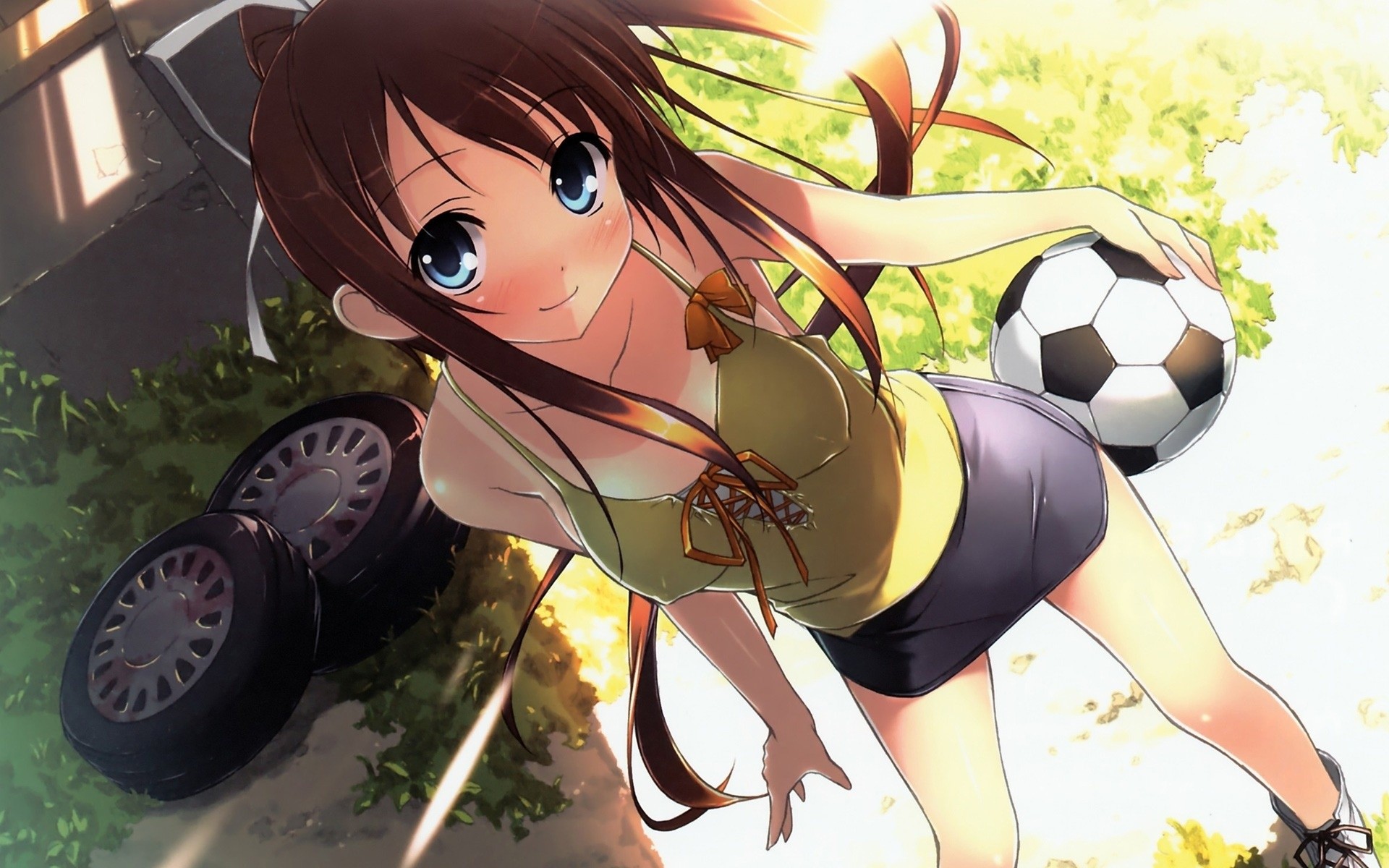 Anime 1920x1200 soccer anime anime girls Natsu no Ame Kantoku soccer girls soccer ball smiling standing looking at viewer brunette ball tires