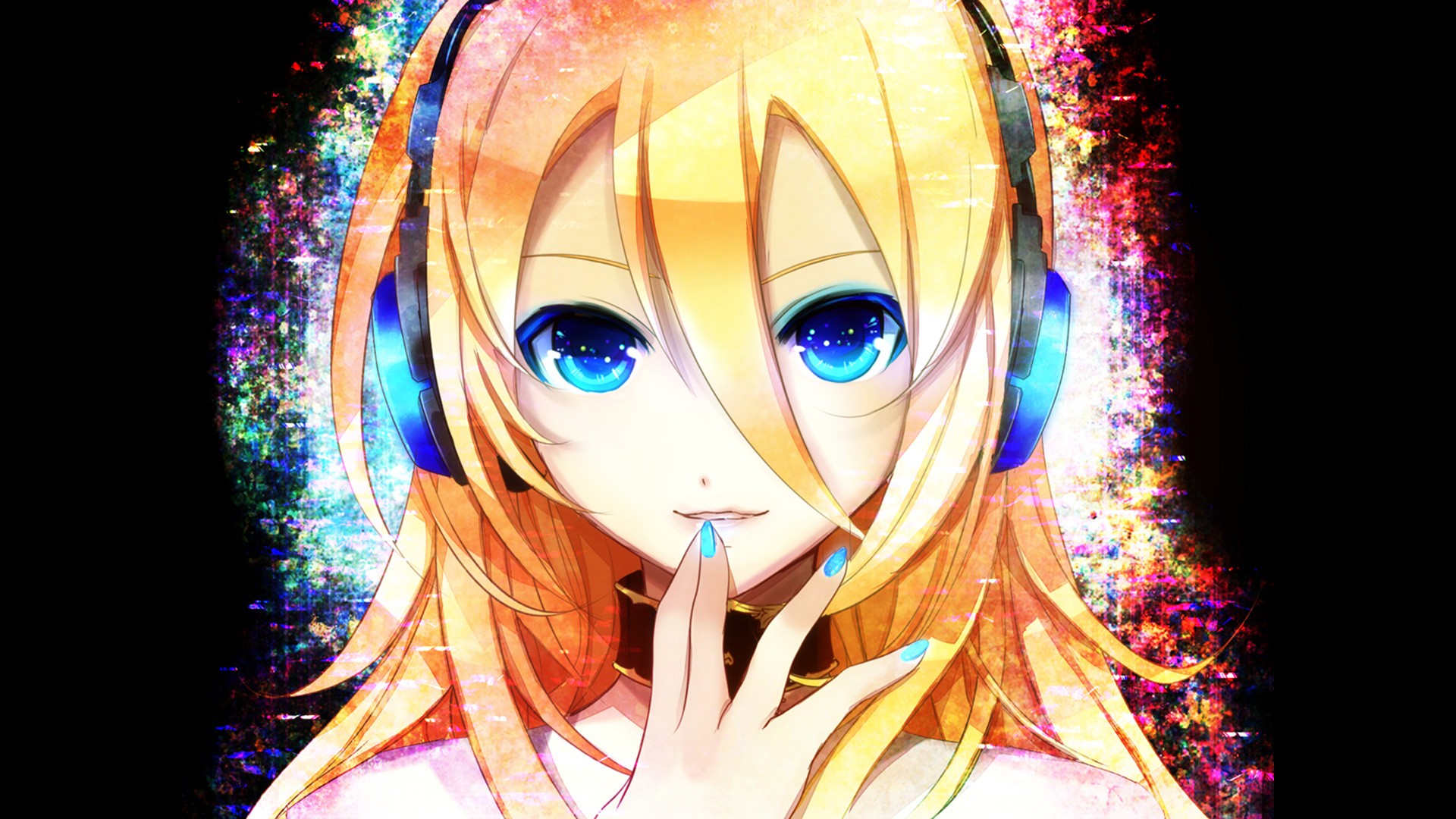 Anime 1920x1080 anime girls headphones Vocaloid Lily (Vocaloid) blue eyes blonde anime cyan nails painted nails looking at viewer face closeup