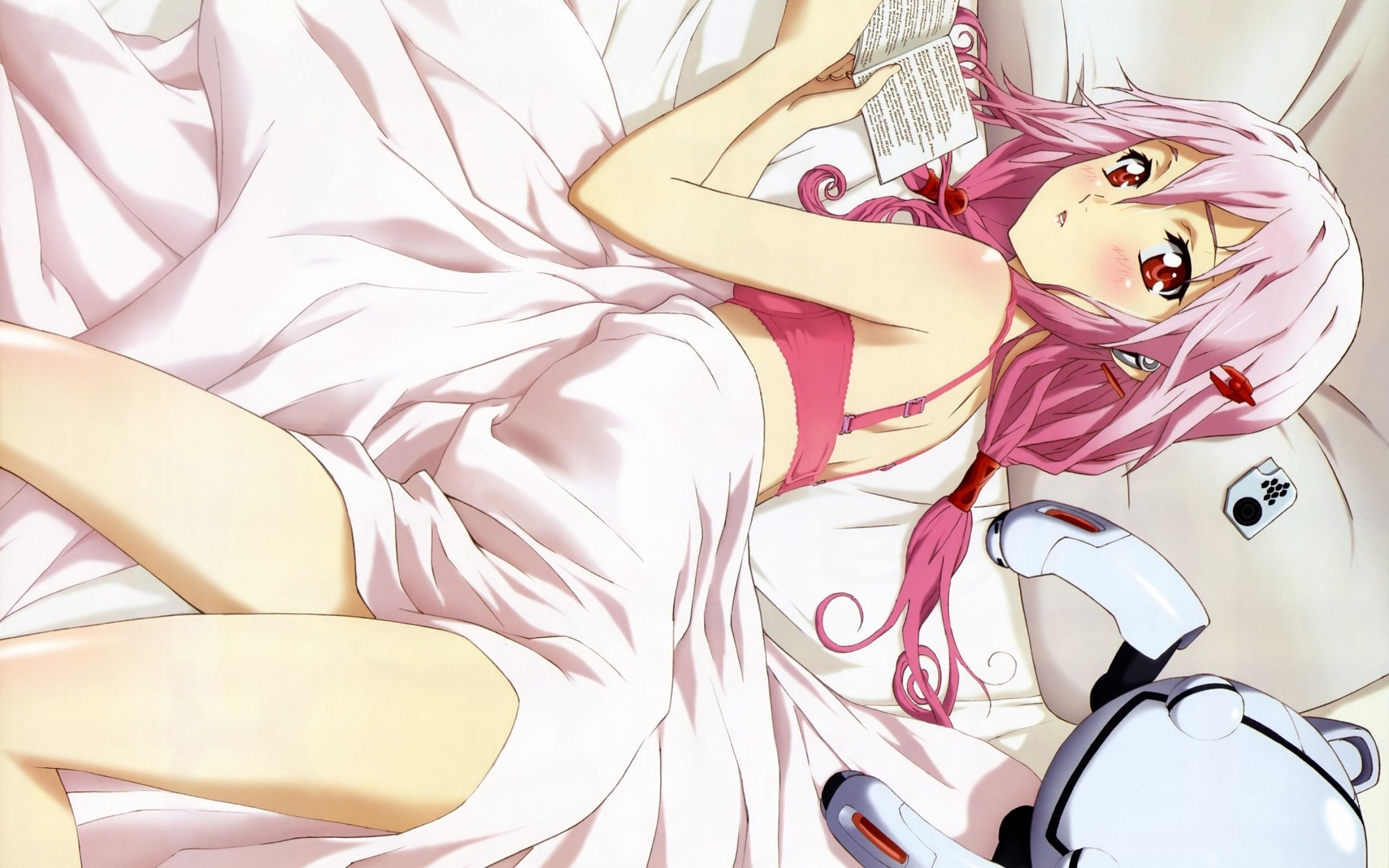 Anime 2880x1800 Yuzuriha Inori Guilty Crown anime girls anime in bed legs pink hair red eyes bra